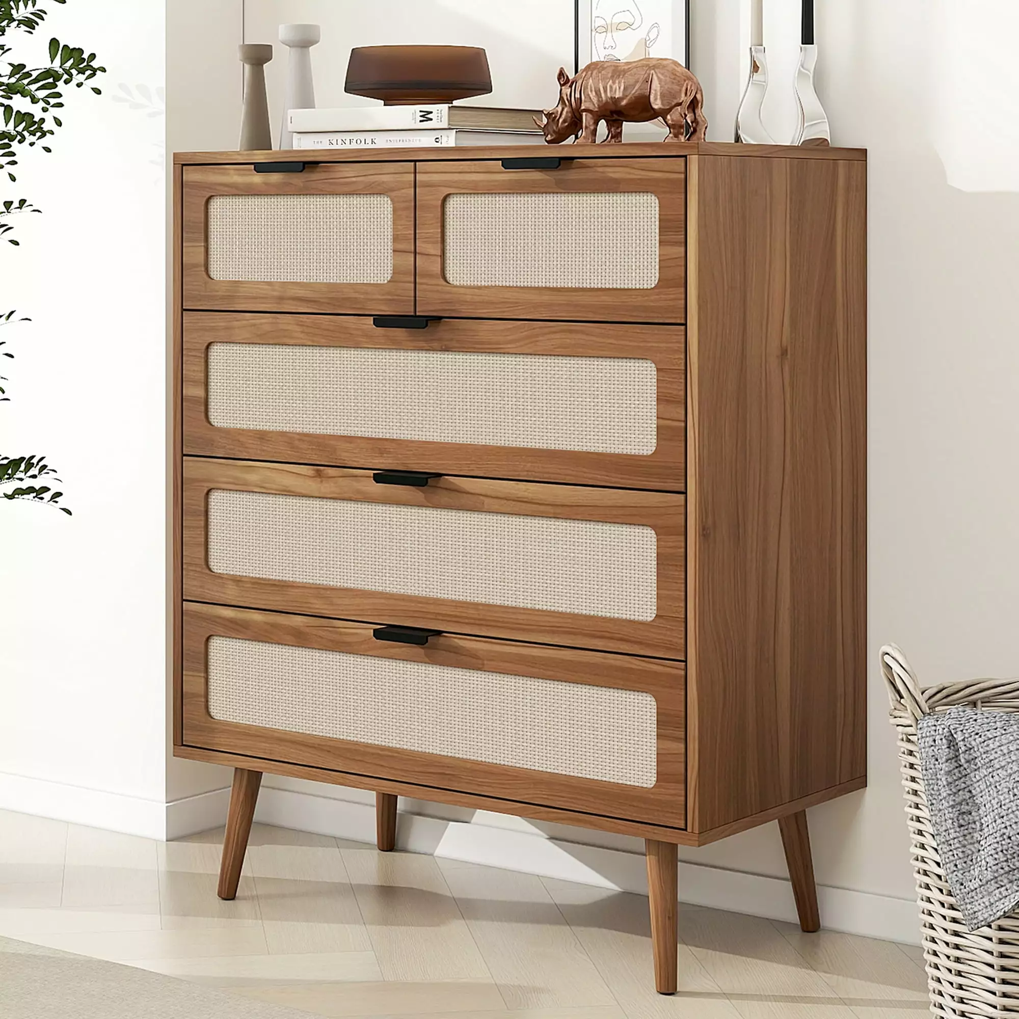 Lisicue 5 Drawer Dresser Accent Wood Storage Cabinet Chest Rattan Drawers Bedroom Living Room