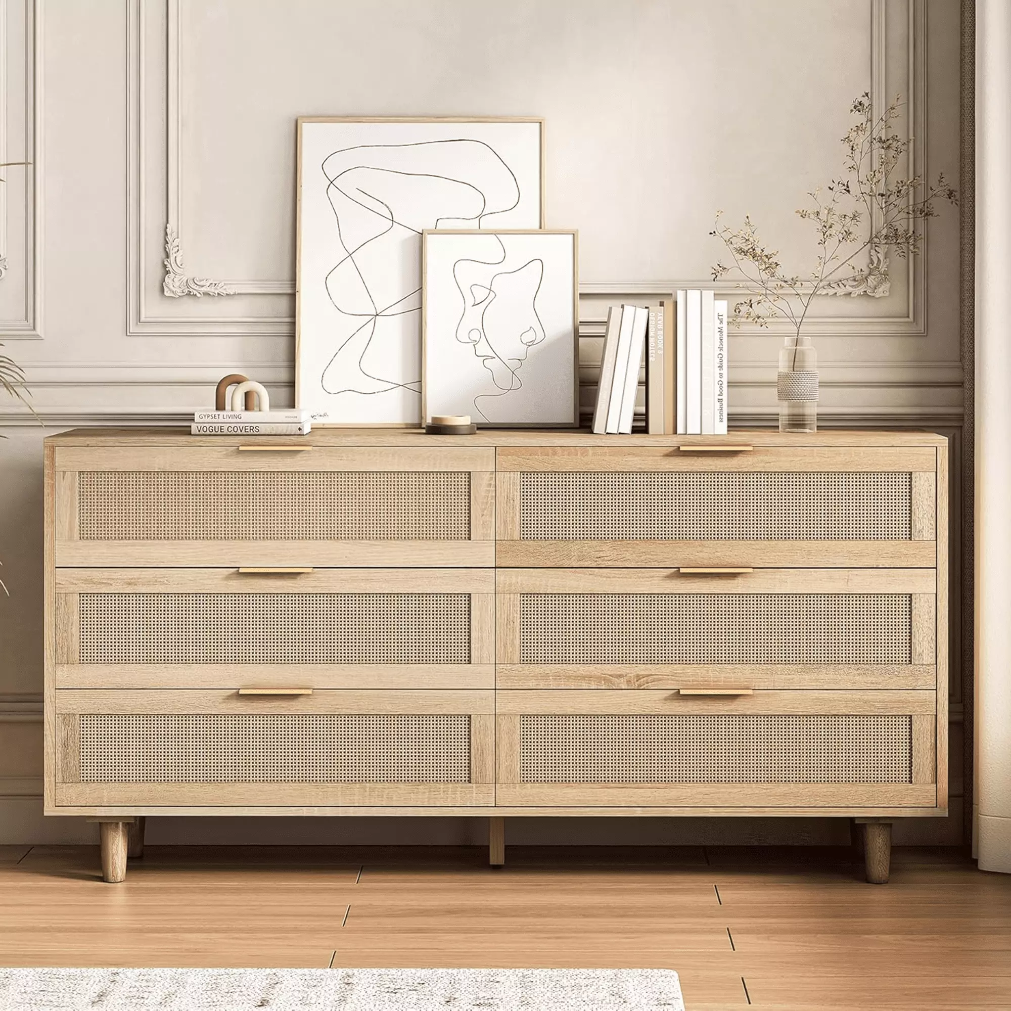 Natural Rattan 6-drawer Storage Cabinet Wood Dresser Rattan Drawers Bedroom Living Room LISICUE