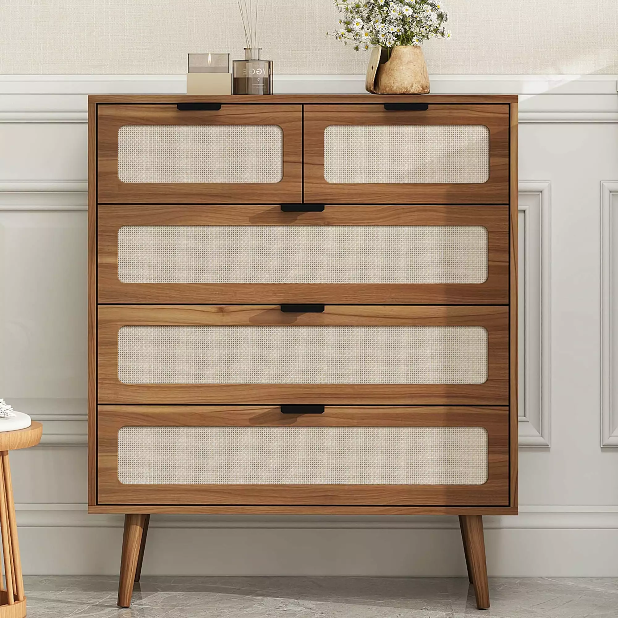 Oubayajia 5 Drawer Rattan Dresser Wood Storage Cabinet Bedroom Living Room