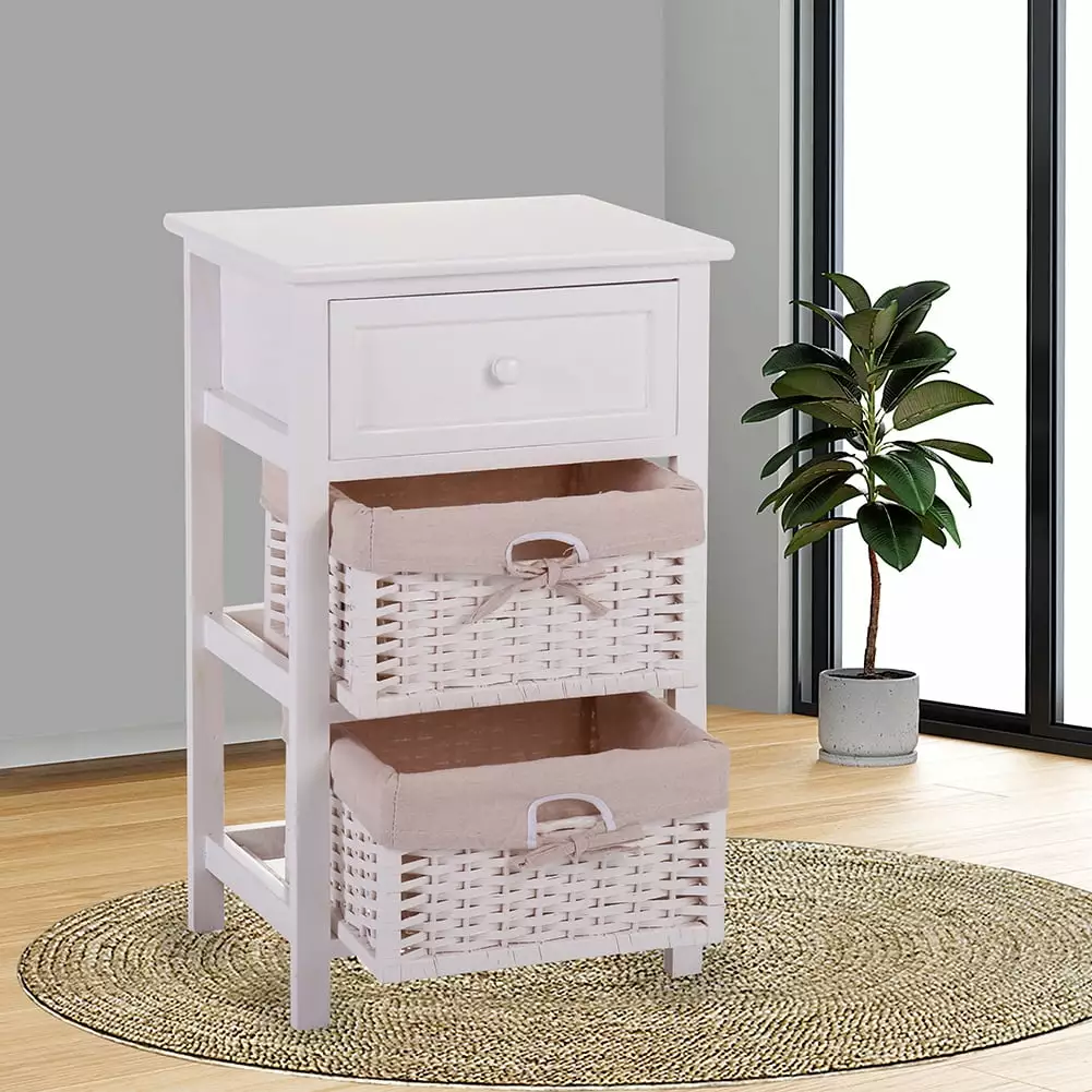 Canddidliike 3 Drawer Chest White Rattan Fabric Nightstand Bedroom