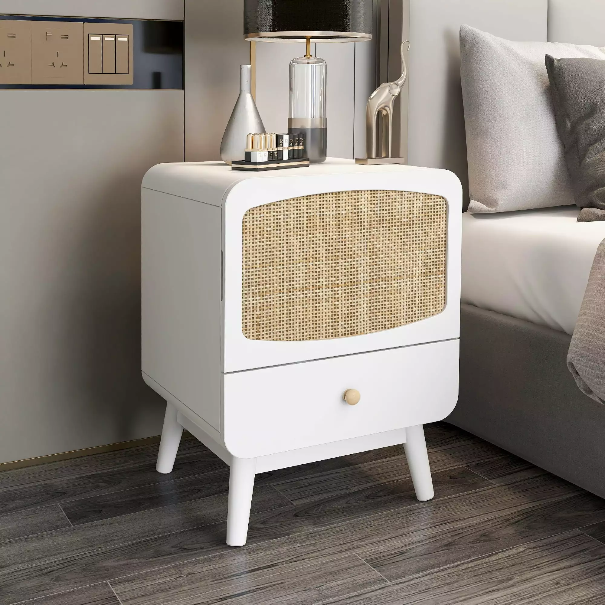 Natural Hand Made Rattan Nightstand One Drawer and One Cabinet White Bedside End Table Forsumtoaut