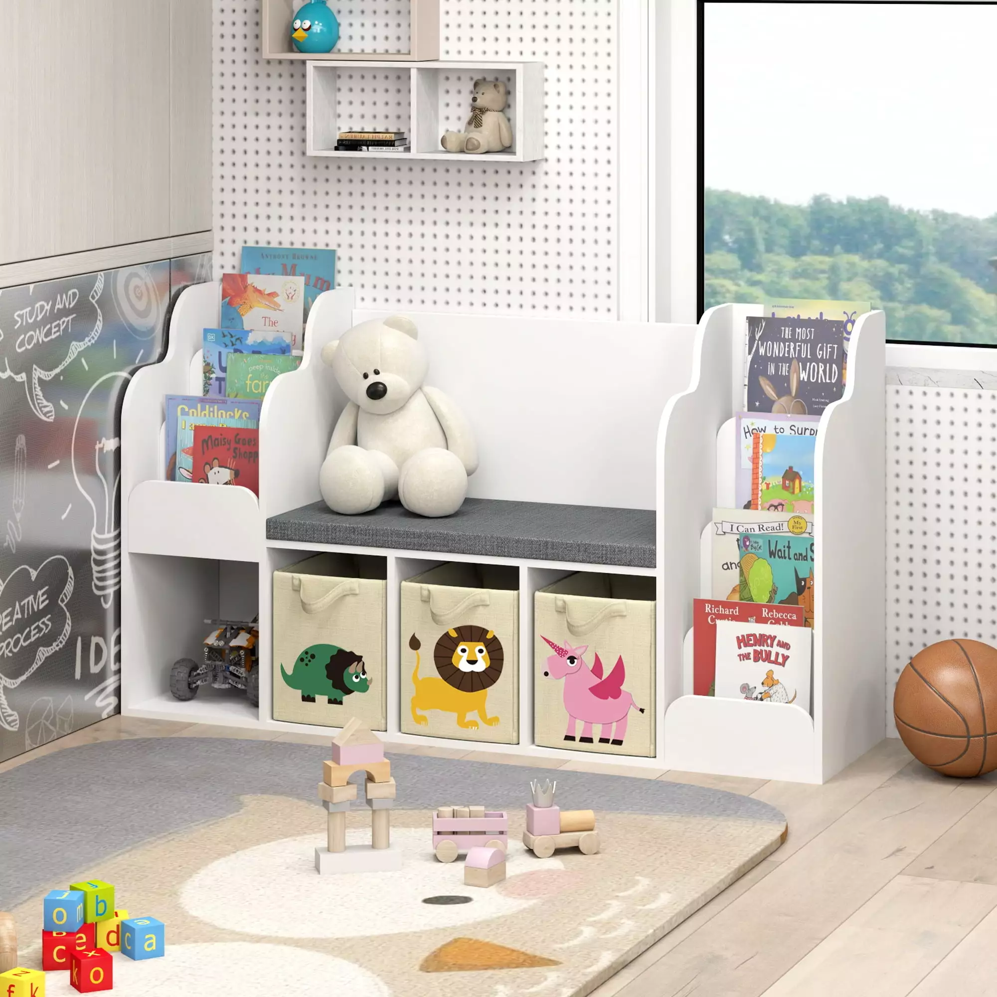SULIVES Kids Bookshelf Reading Nook Abundant Storage Modern Design Long-lasting Construction Perfect Playroom Bedroom and ...