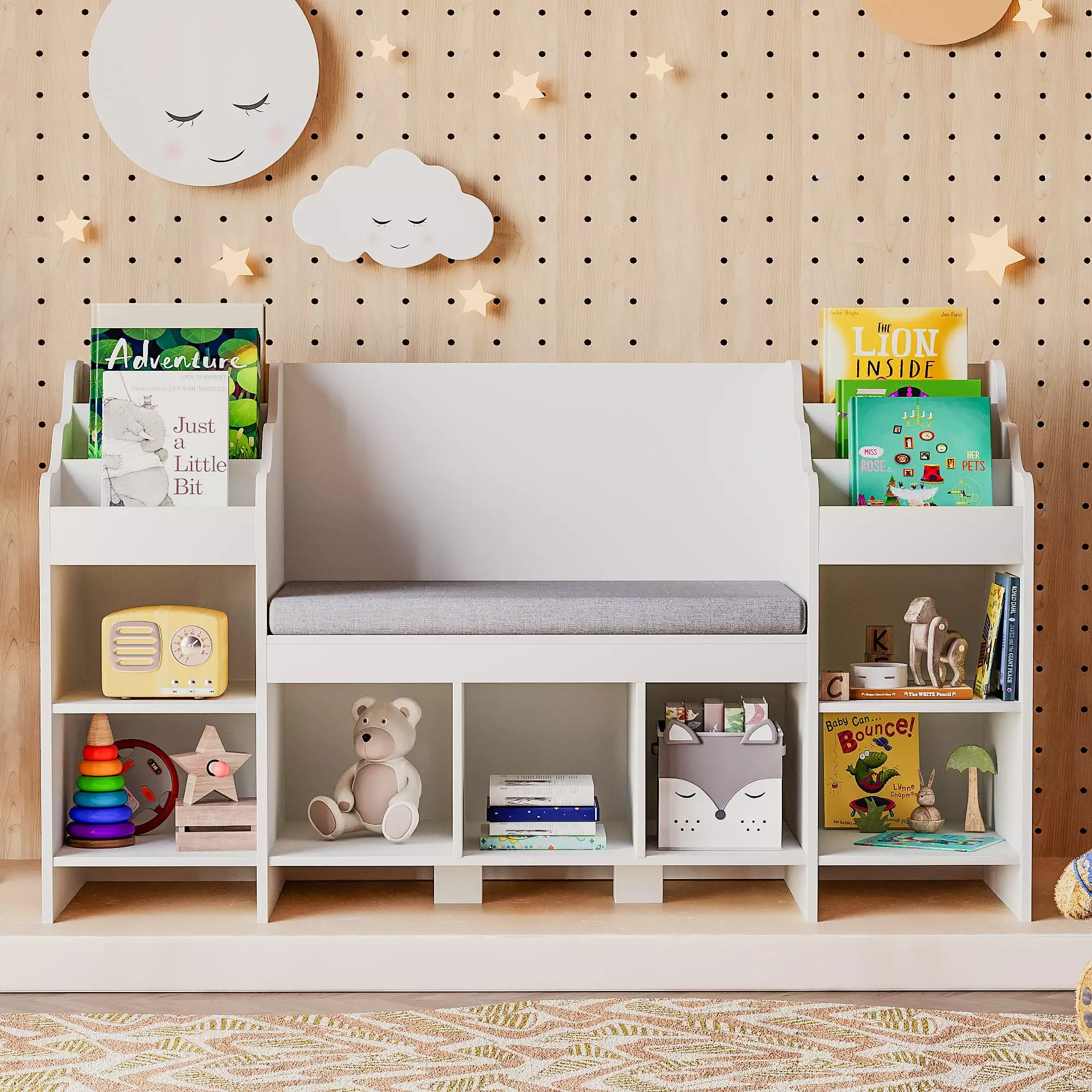 Homall Kids Bookshelf Reading Nook and 2 Seats Wooden Storage Arranger White