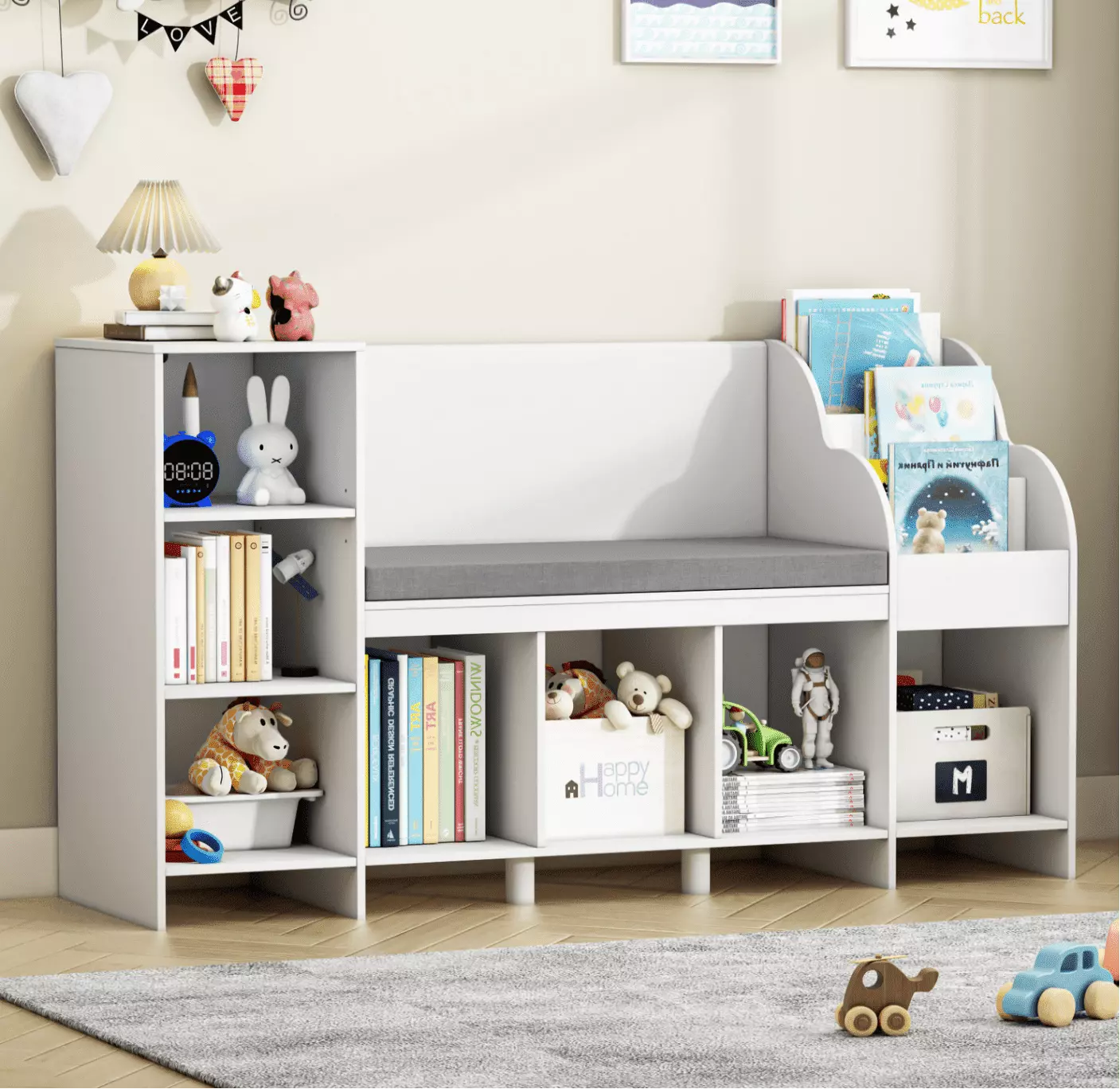 Homfa Kids Bookshelf Reading Nook and 7 Cube Wooden Toy Arranger White