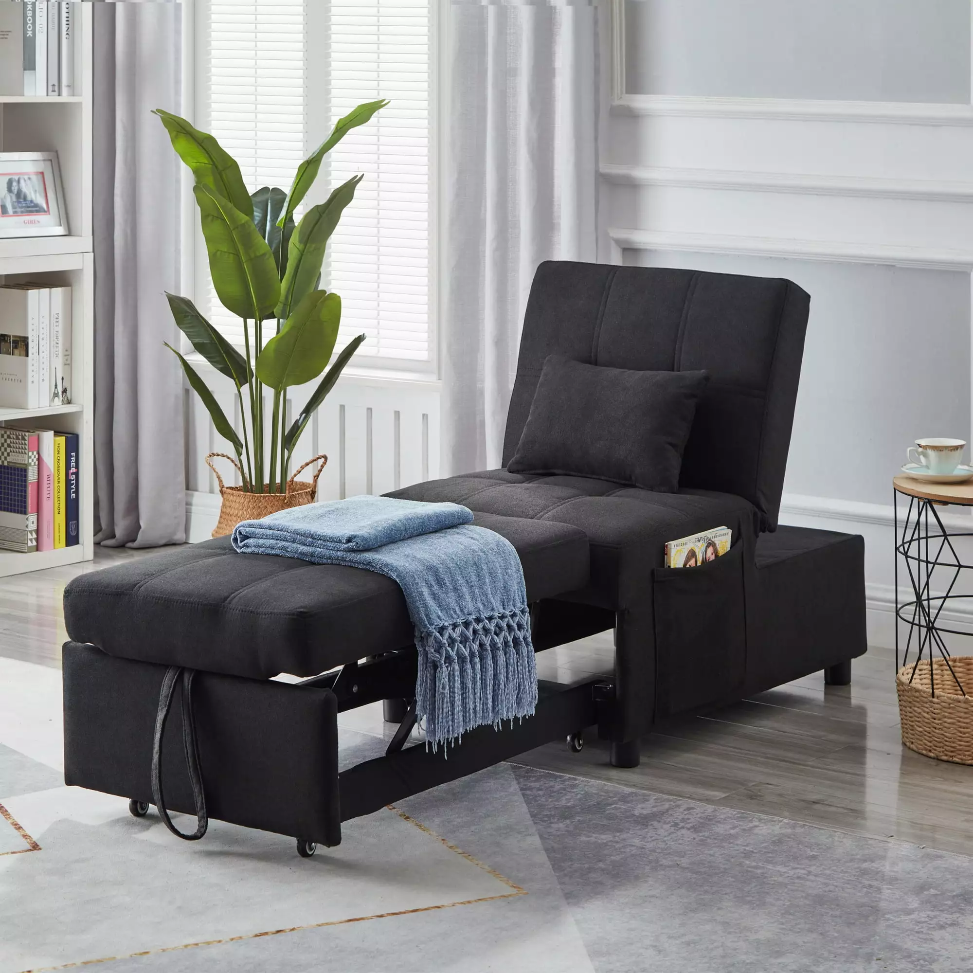 Black Linen Fabric Recliner Chair Bed Sleek Furniture Piece Living Room or Bedroom SNAILF