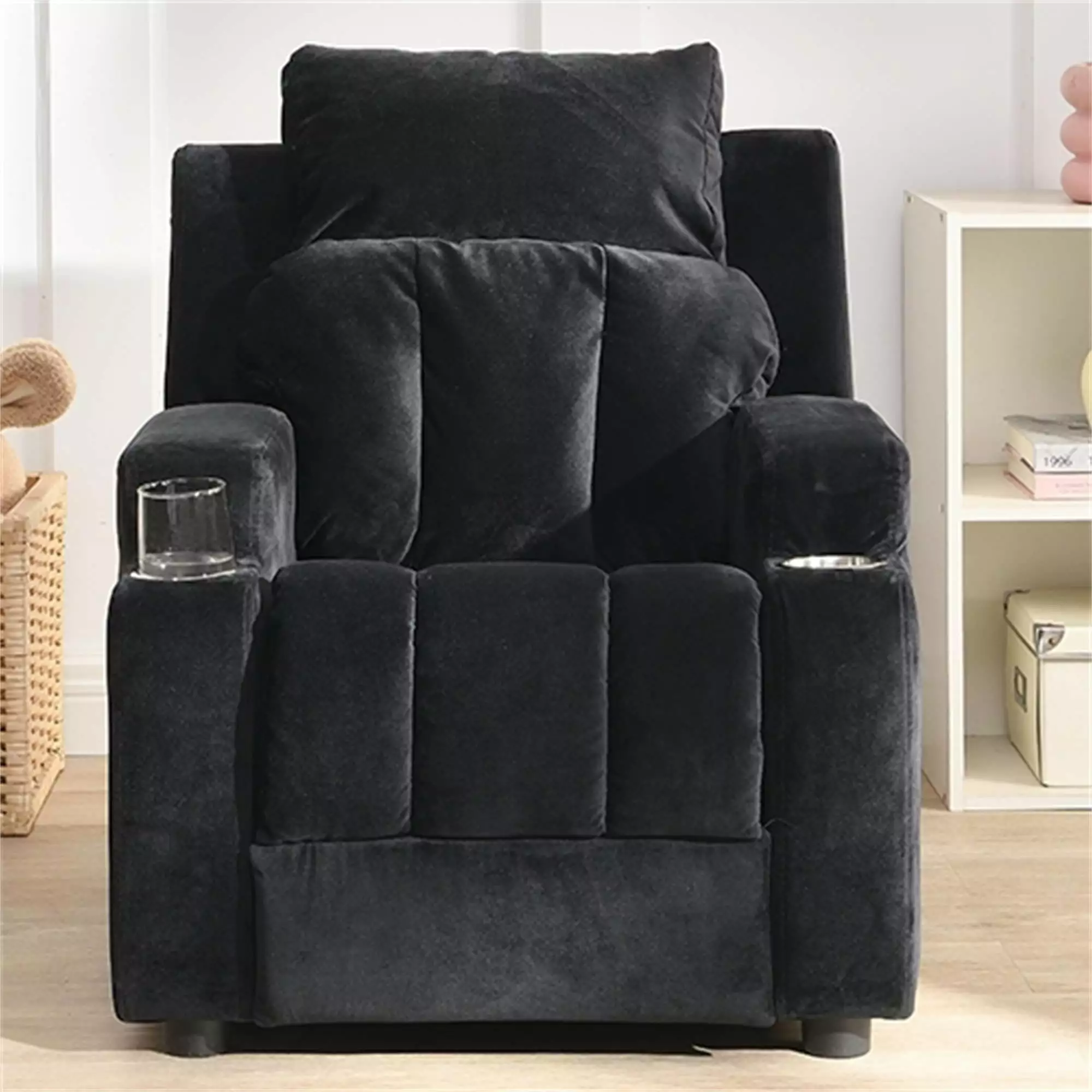 Kadyn Recliner Chair Kids Recliner Chairs Toddlers Two Cup Holders Footrest Backrest Headrest Black