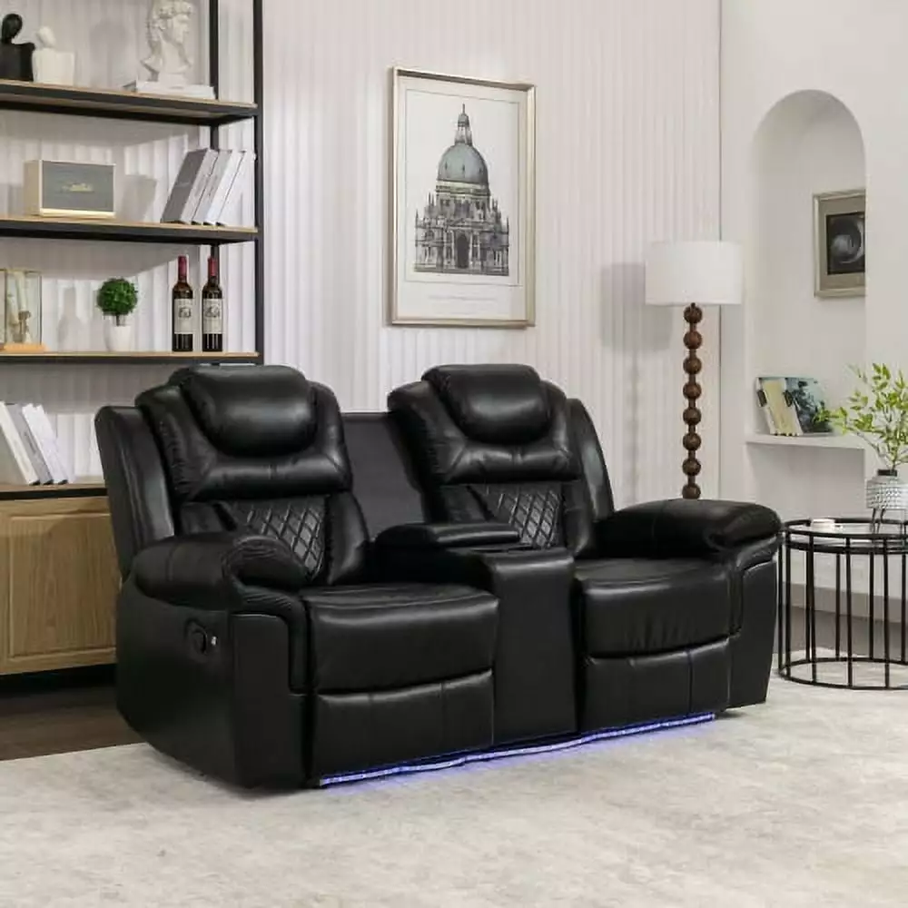 Goldmeet Black Home Theater Seating Manual Recliner Loveseat Storage and LED Lights