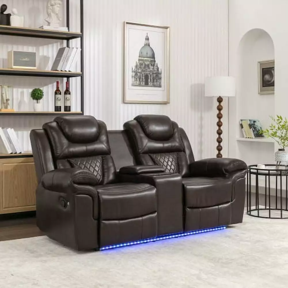 Goldmeet Brown Home Theater Seating Manual Recliner Loveseat Hide-Away Storage and LED Strip