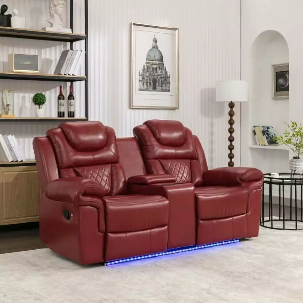 Goldmeet Wind Red Home Theater Seating Manual Recliner Loveseat Cup Holders and LED Lights