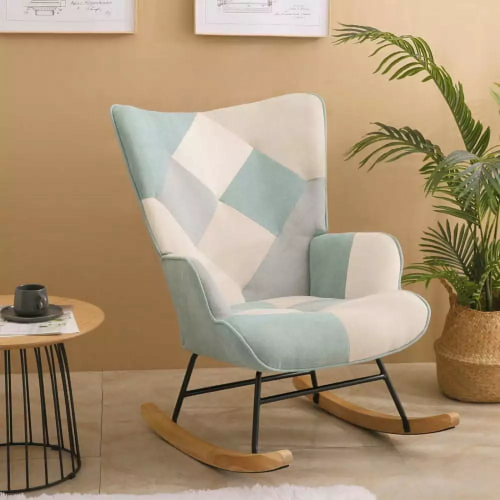 Mid Century Fabric Rocker Recliner Chair Wood Legs Living Room and Bedroom Blue Brand