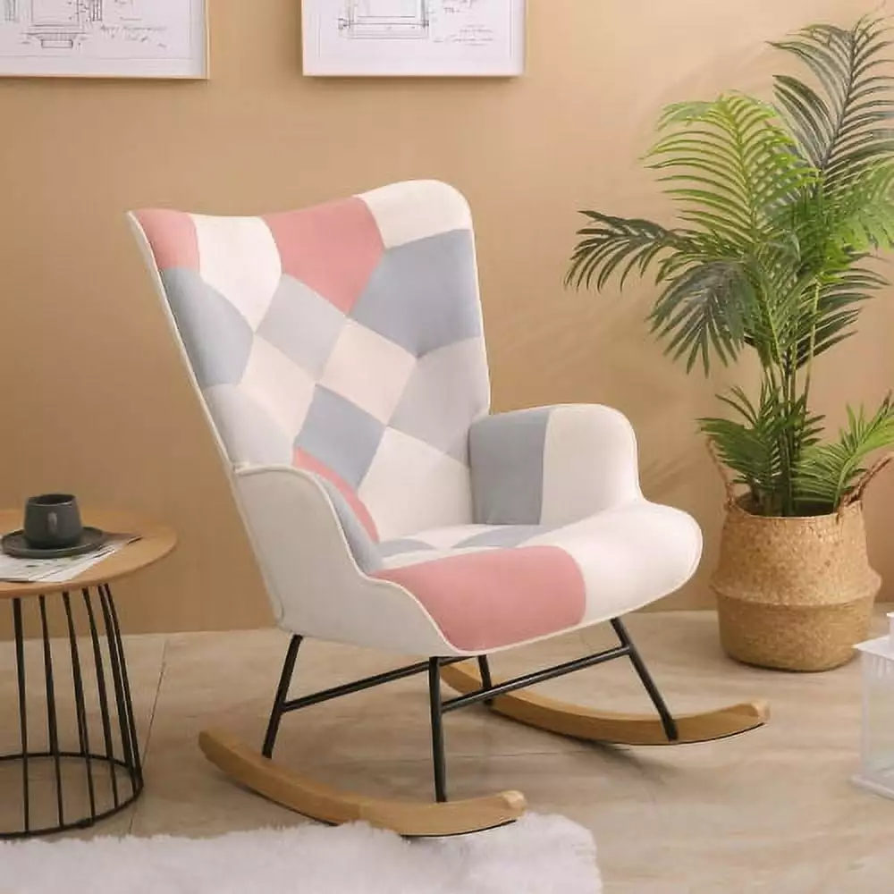 Mid Century Fabric Rocker Recliner Chair Wood Legs Living Room and Bedroom Pink Brand