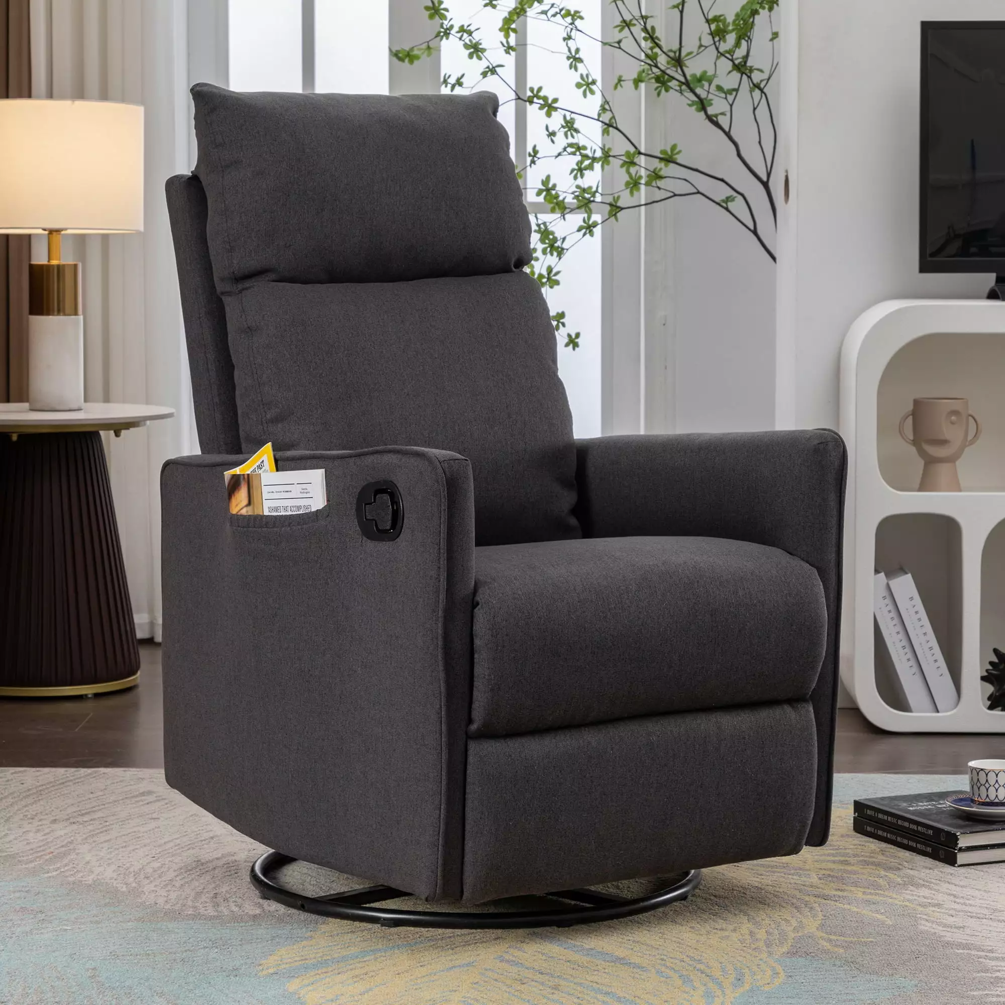 DeeHome Cotton Linen Fabric Swivel Rocking Chair Glider Rocker Recliner Nursery Chair Adjustable Back Footrest Dark Gray