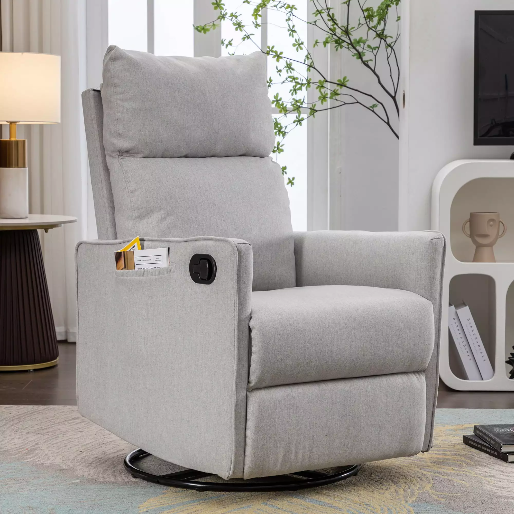 DeeHome Cotton Linen Fabric Swivel Rocking Chair Glider Rocker Recliner Nursery Chair Adjustable Back Footrest Light Gray