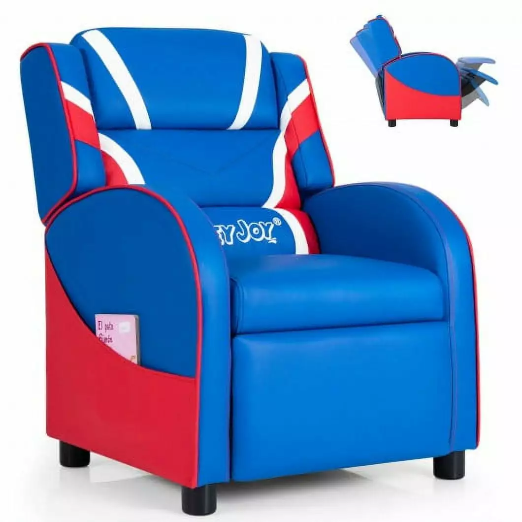 Kids Leather Recliner Chair Side Pockets Comfort and Style Blue Generic