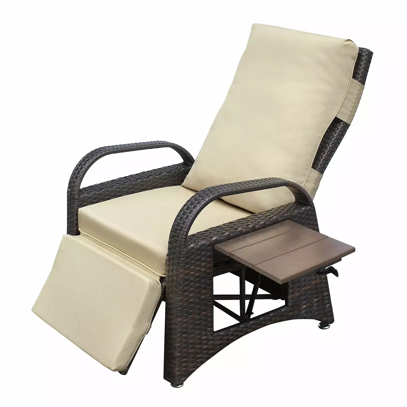 PE Wicker Adjustable Outdoor Recliner Chair Removable Soft Cushion Khaki Ghislaine
