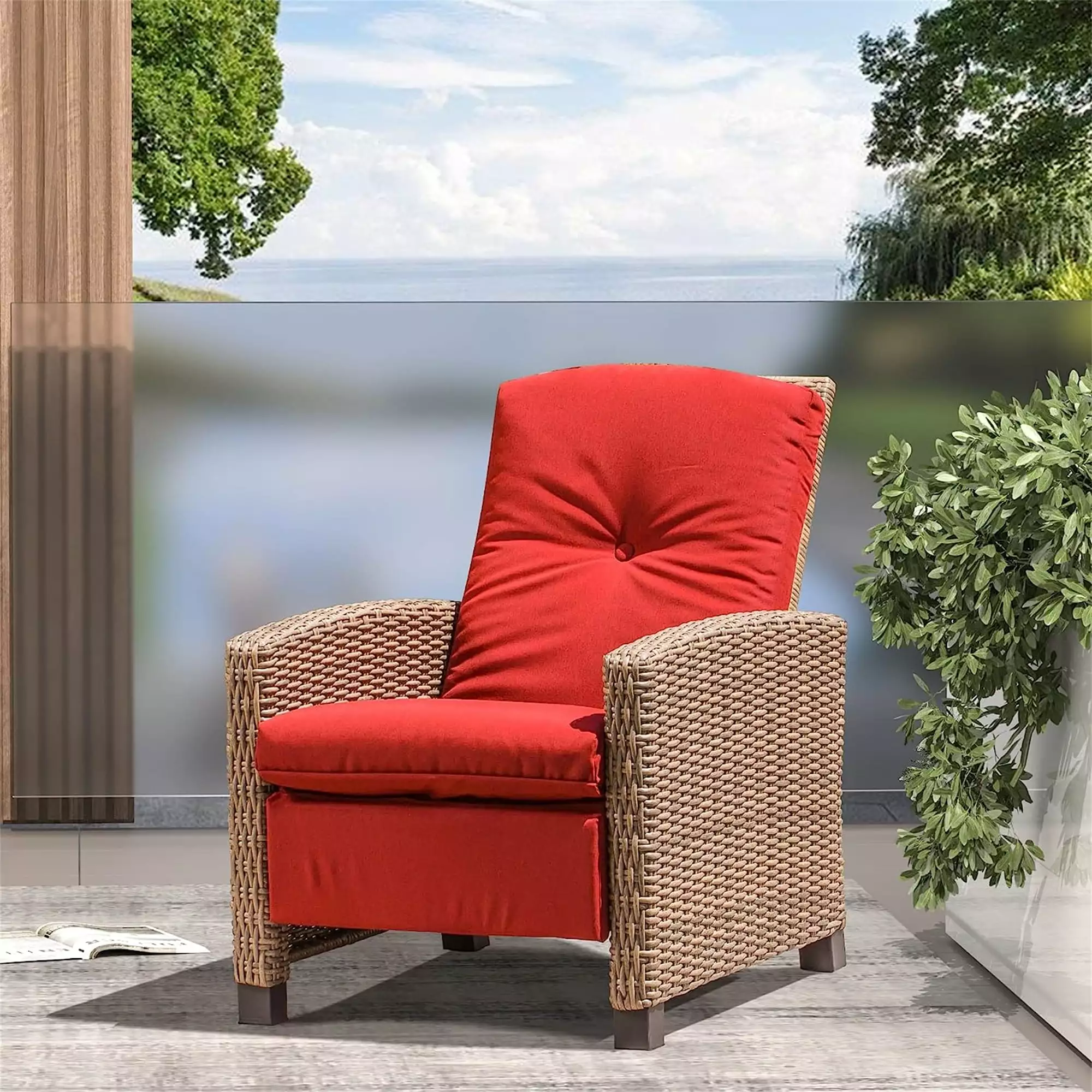 Homiyad Indoor Outdoor Recliner All-Weather Wicker Reclining Patio Chair Red Cushion