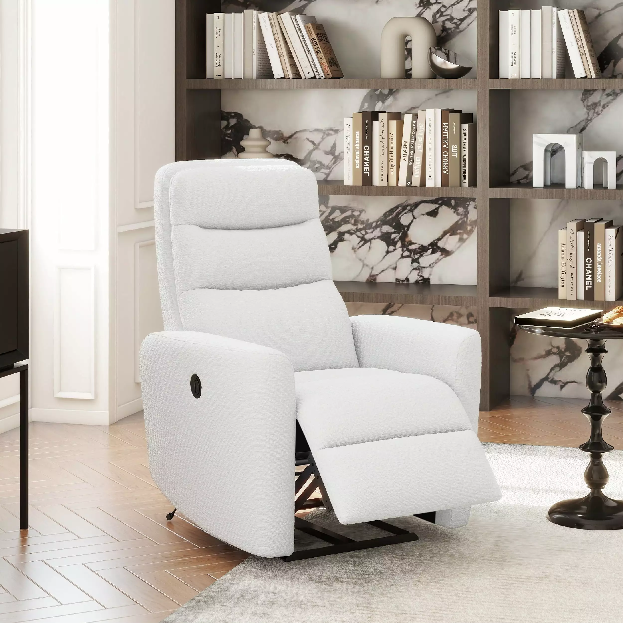 Jennifer Taylor Home Bloomy 35.5 Power Recliner High-Back Nursery Lounge Chair Chiffon White Boucle JENNIFER TAYLOR J T