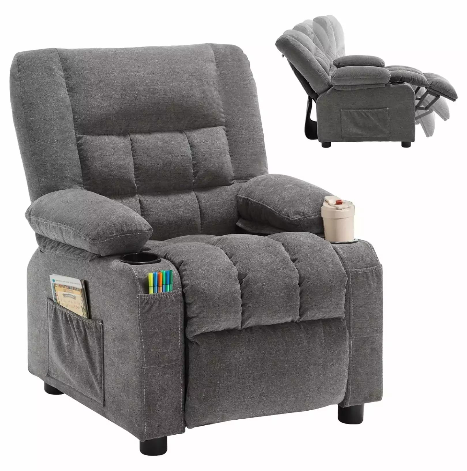 Kids Recliner Chair Push Back Mechanism, Cup Holders, and Side Pockets - Adjustable Footrest and Headrest Boys and Girls A...