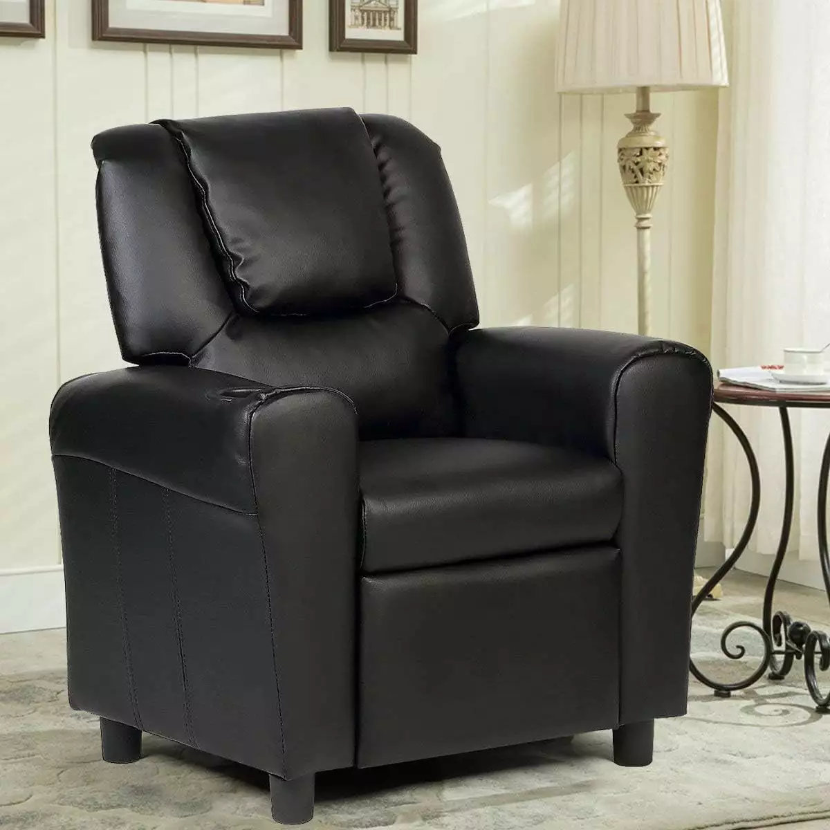 Elegant Kids Recliner Sofa - Leather Armchair Cup Holder, Headrest, and Footrest - Black KUJOBUY