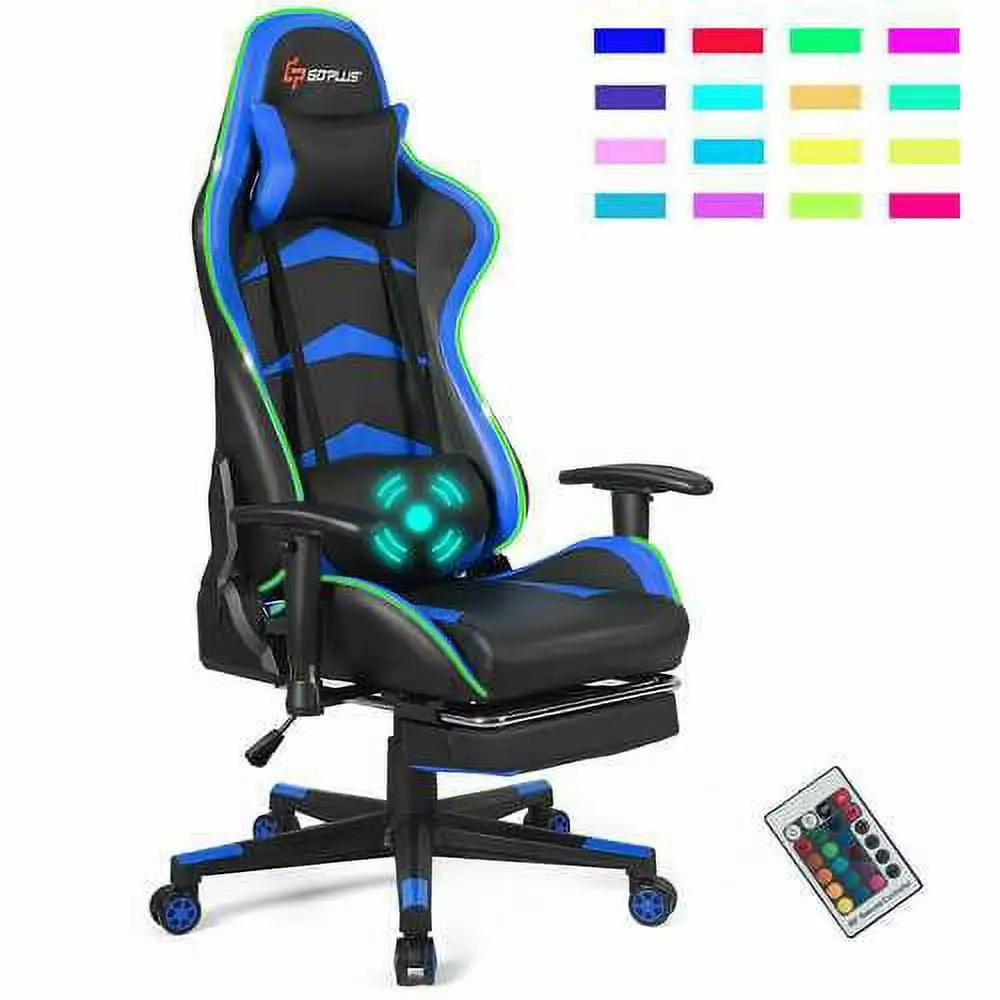 Massage LED Gaming Chair Lumbar Support & Footrest Blue Mellyx Home