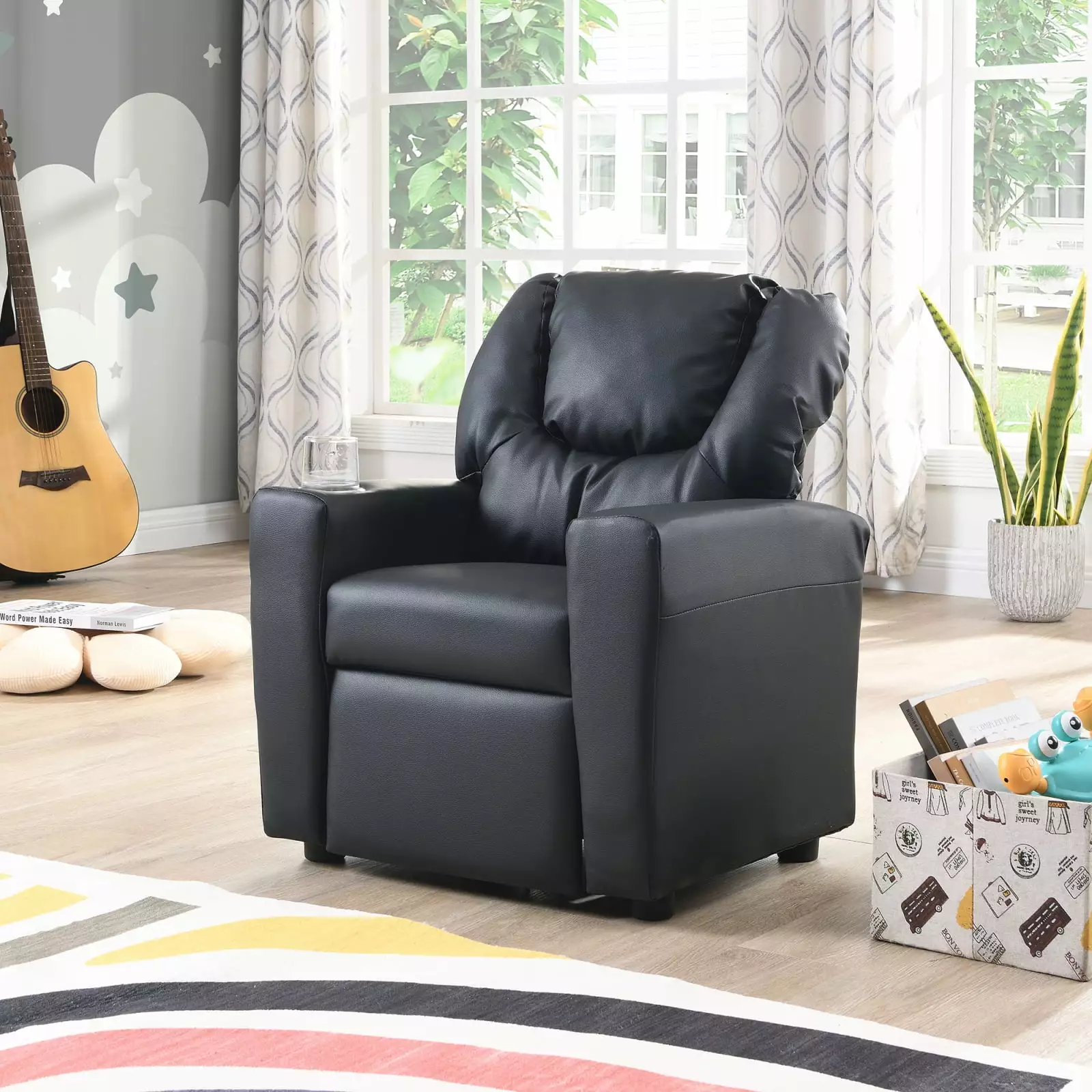 Kids Recliner Chair Black PVC Upholstered Children's Room Miekor