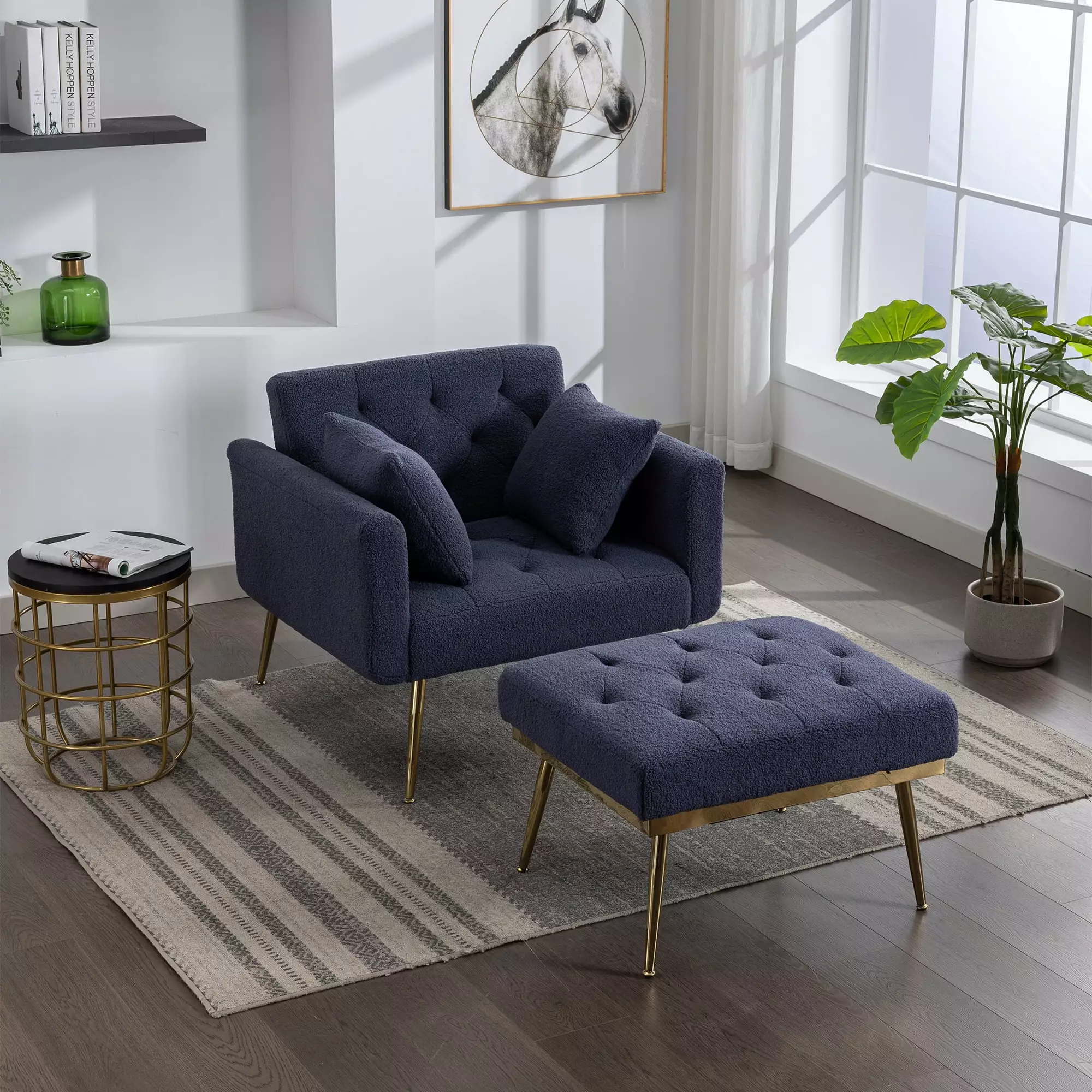 36.61 Wide Modern Accent Chair Adjustable Backrest Tufted Chaise Lounge Ottoman Navy Wobythan