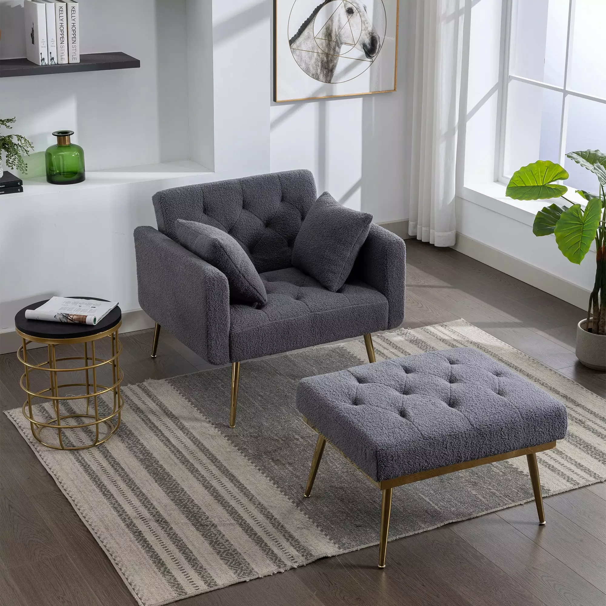 36.61 Wide Modern Accent Chair Adjustable Backrest Tufted Chaise Lounge Ottoman Gray Wobythan