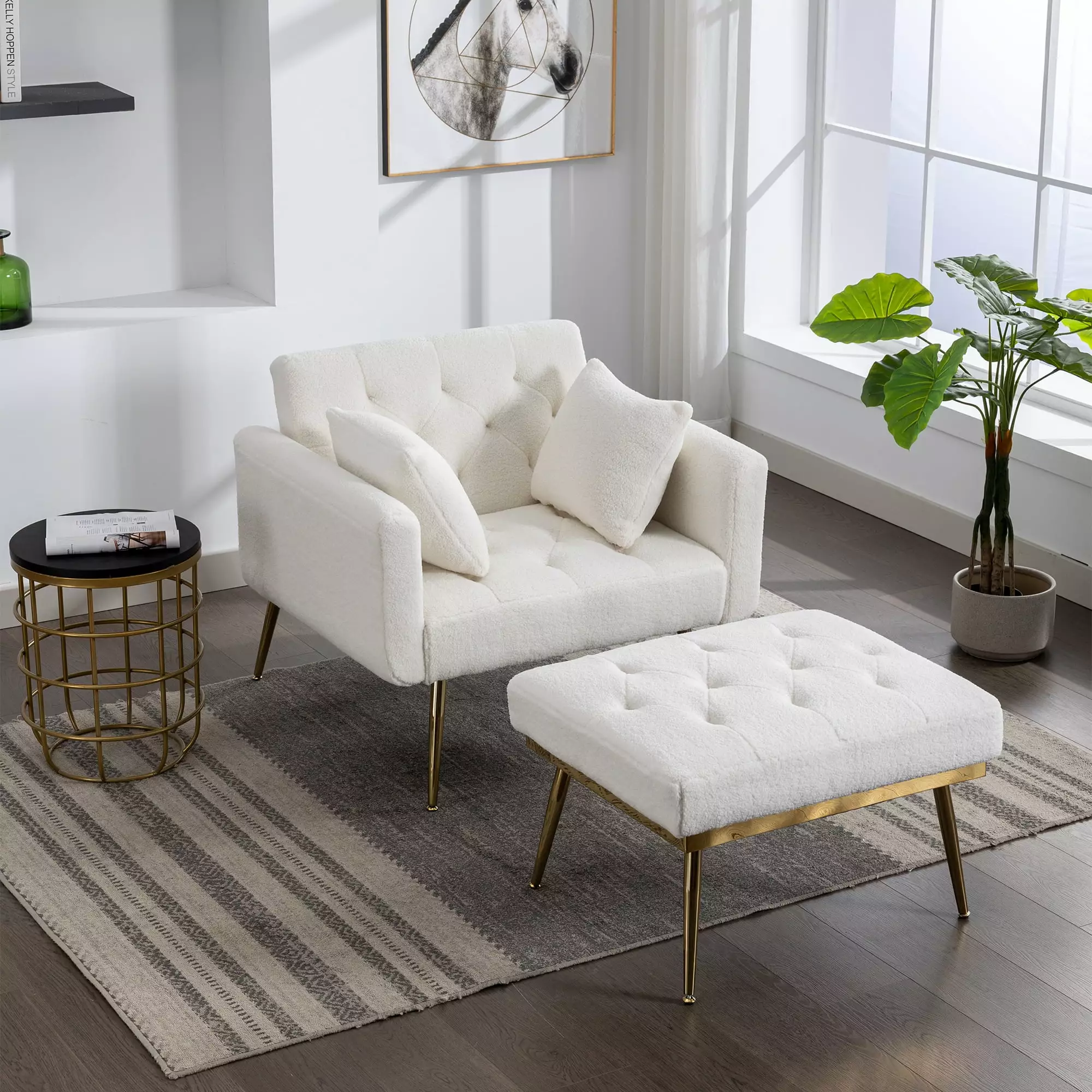 36.61 Wide Modern Accent Chair Adjustable Backrest Tufted Chaise Lounge Ottoman Ivory Wobythan