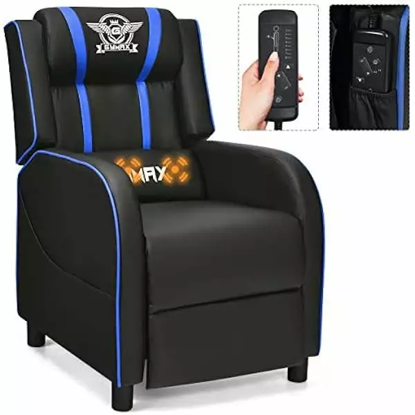 ZJINJIN Gaming Recliner Chair Massage Adjustable Footrest Remote Control Ergonomic Racing Style Blue