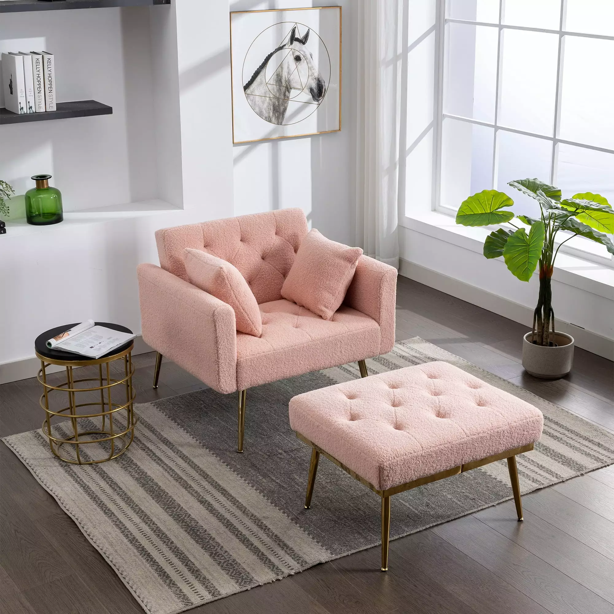 36.61'' Wide Modern Accent Chair - 3 Position Adjustable Backrest Ottoman and Gold Legs Pink GUTALOR