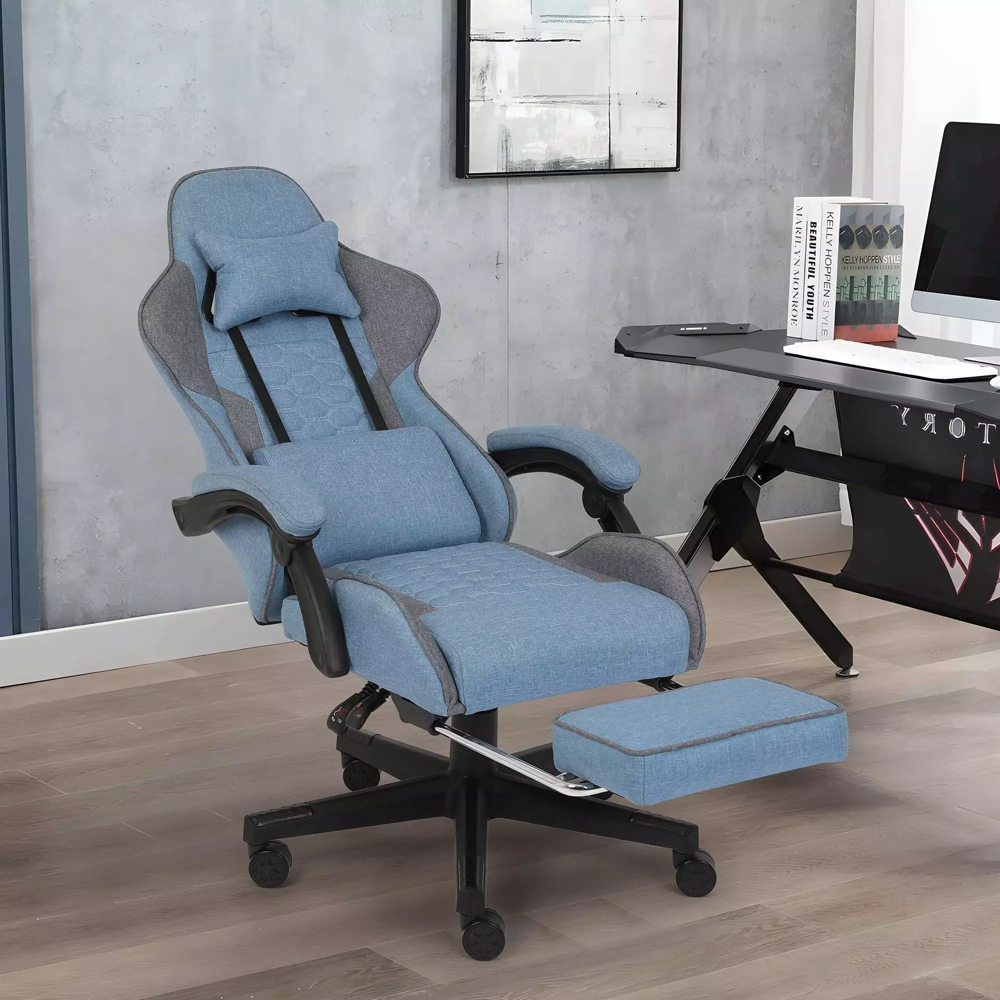 FAMOYI Fabric Office Chair Footrest Adjustable Swivel Reclining Headrest and Lumbar Support