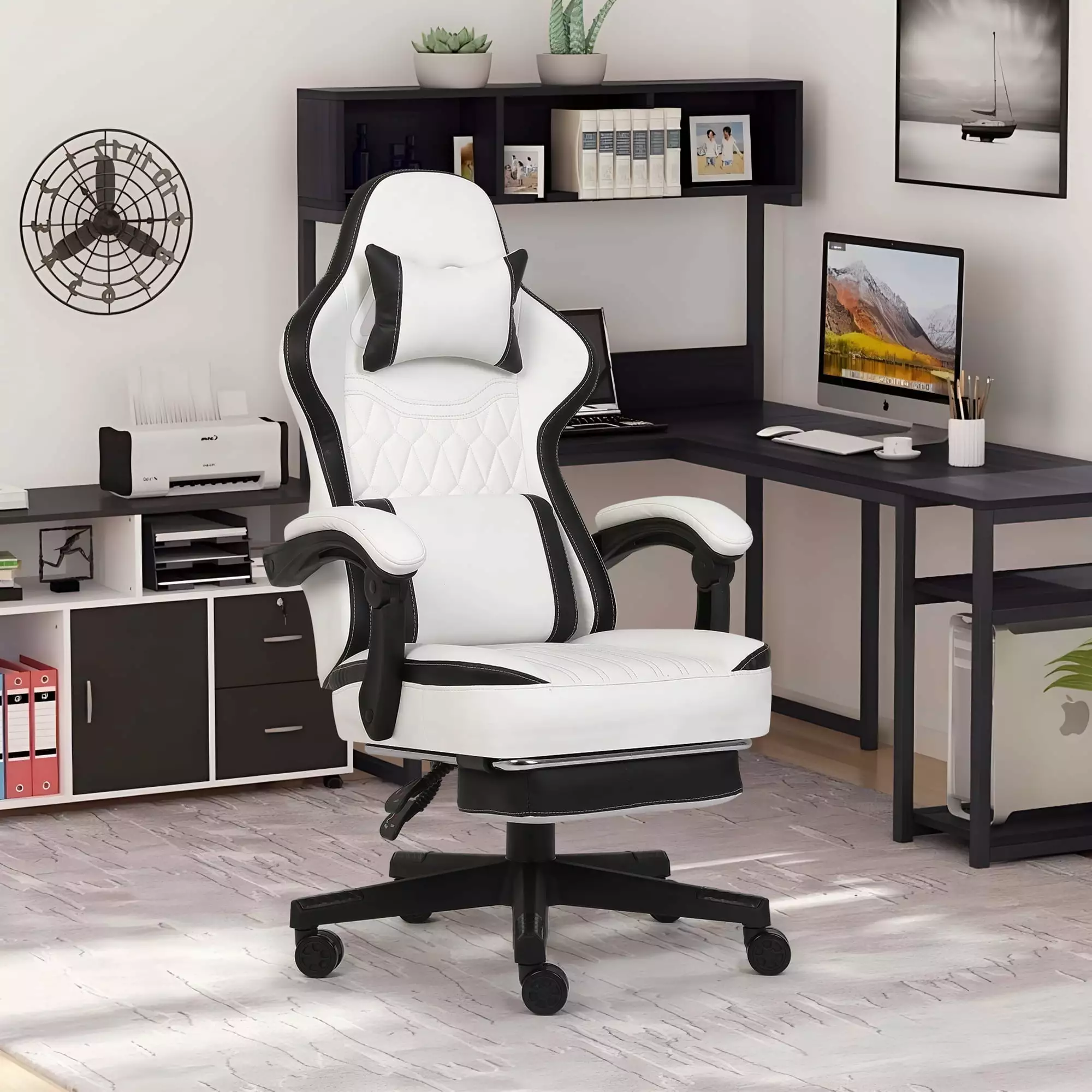 FAMOYI Leather Office Chair Footrest Adjustable Swivel Reclining Headrest and Lumbar Support