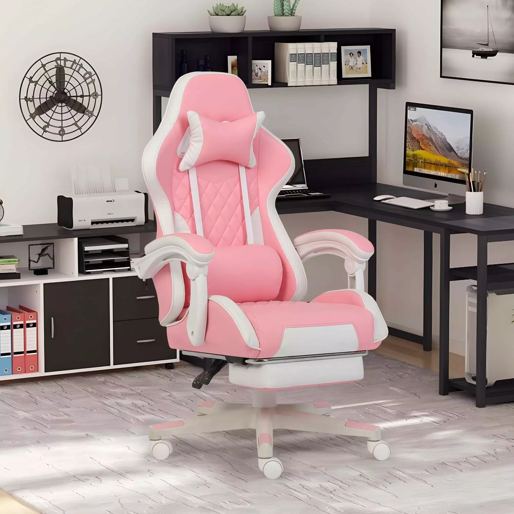 FAMOYI Leather Office Chair Footrest Adjustable Swivel Reclining Headrest and Lumbar Support