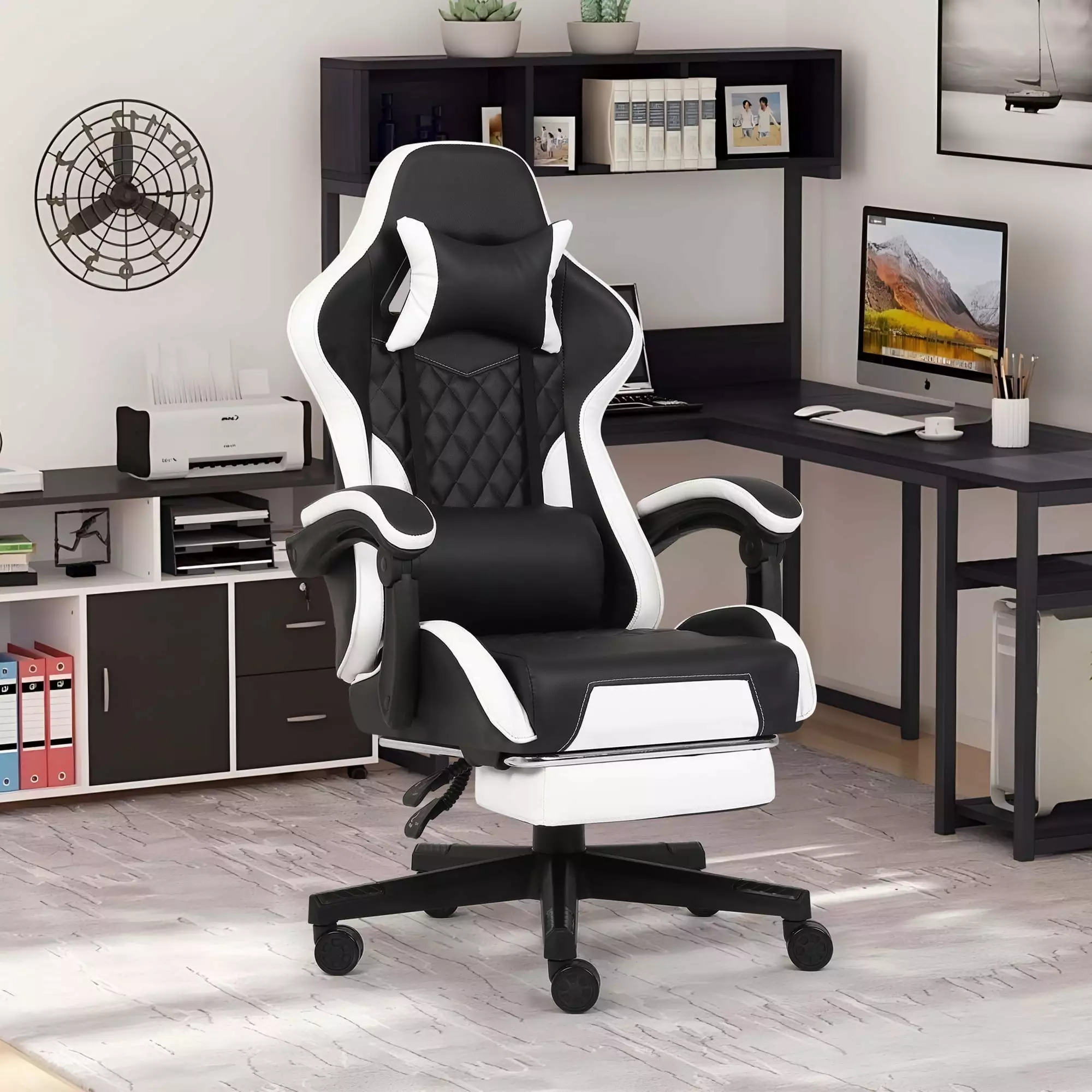 FAMOYI Leather Office Chair Footrest Adjustable Swivel Reclining Headrest and Lumbar Support
