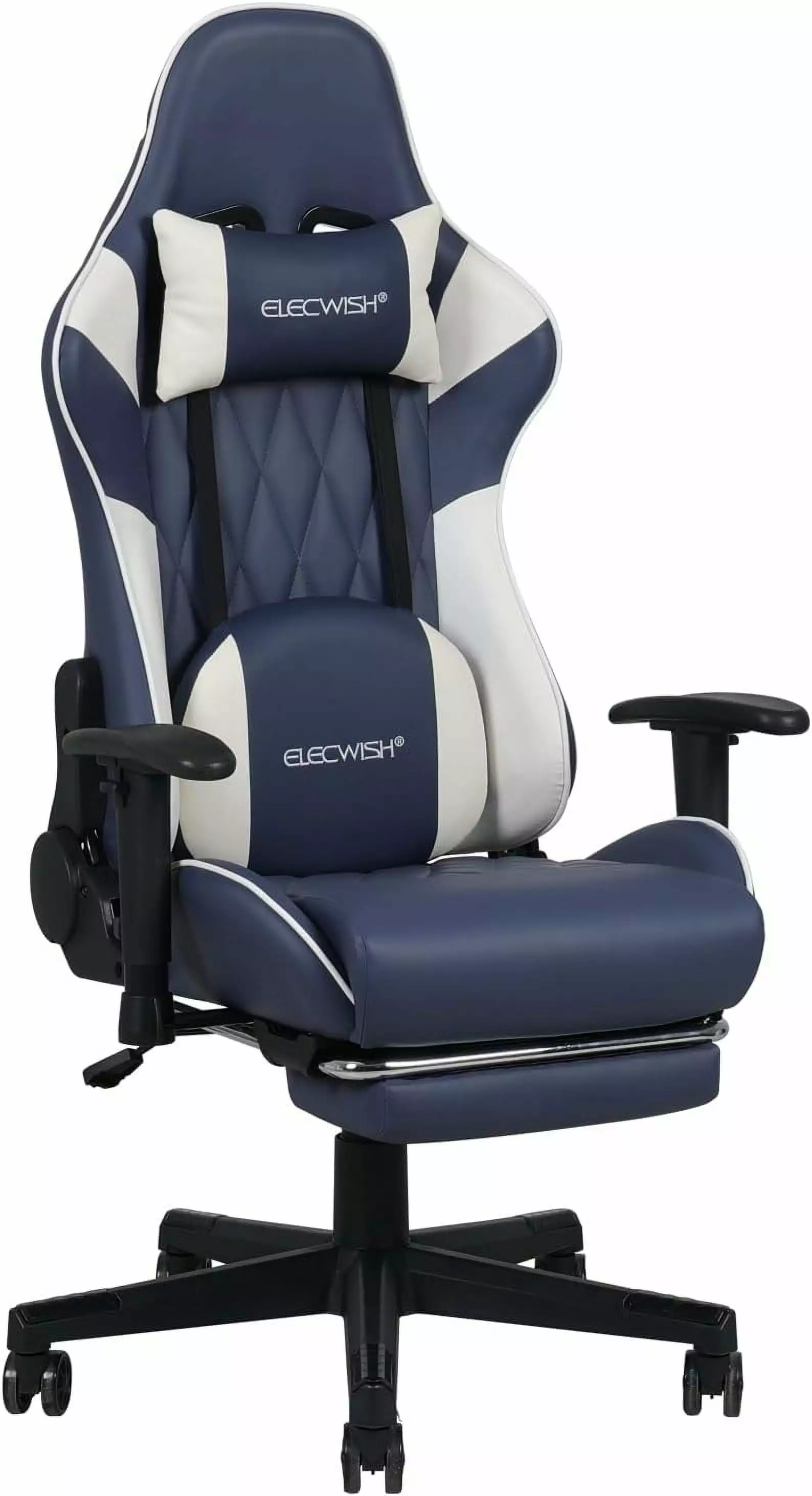FJU Blue Gaming Chair Footrest 180 Degrees Recliner Soft Lumbar Support Ergonomic Racing Style PU Leather Chair