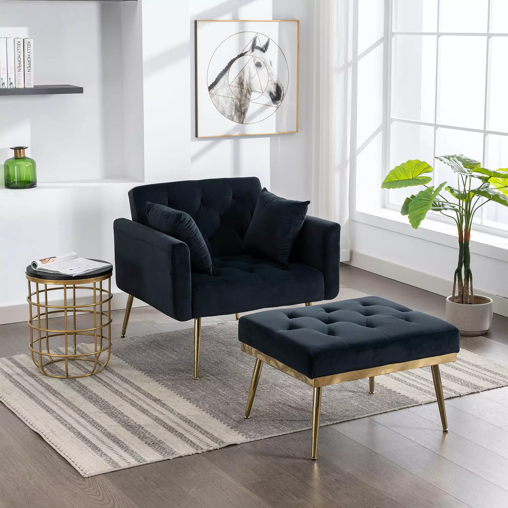 36.61 Inch Modern Accent Chair 3 Position Adjustable Backrest Tufted Chaise Lounge Ottoman Gold Legs Wobythan