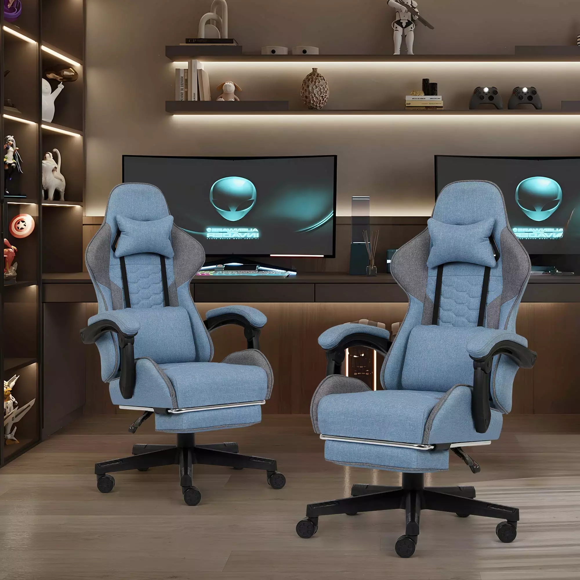 FAMOYI Office Chairs Footrest Set 2 Fabric Adjustable Swivel Reclining Headrest Lumbar Support