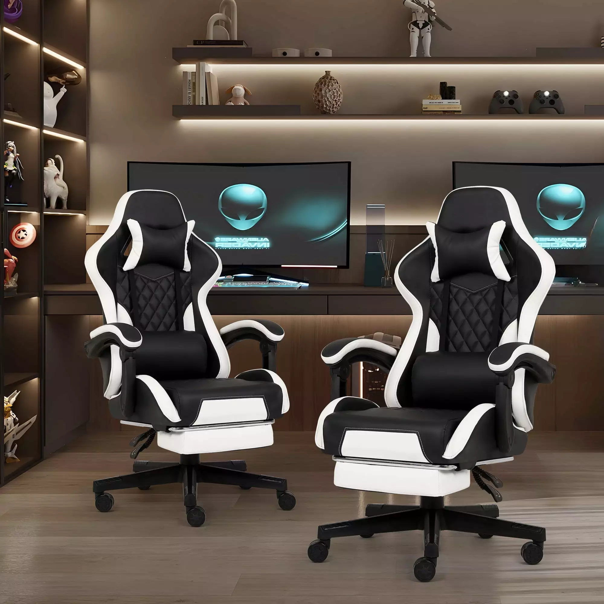 FAMOYI Office Chairs Footrest Set 2 Leather Adjustable Swivel Reclining Headrest Lumbar Support