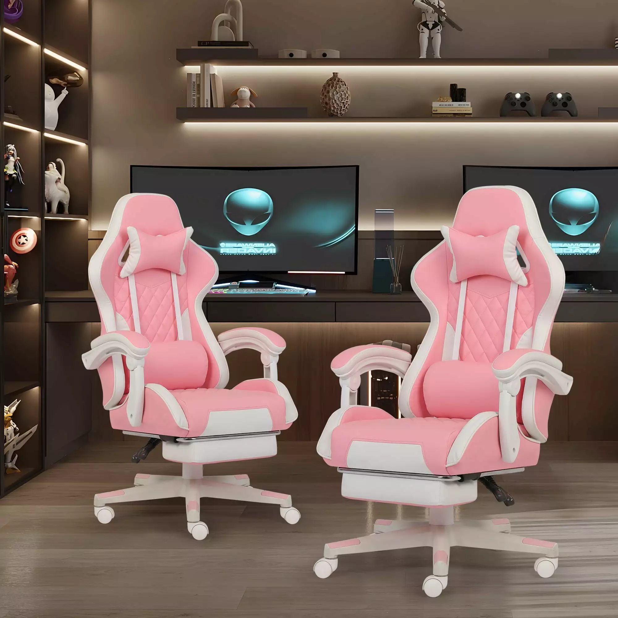 FAMOYI Office Chairs Footrest Set 2 Leather Adjustable Swivel Reclining Headrest Lumbar Support