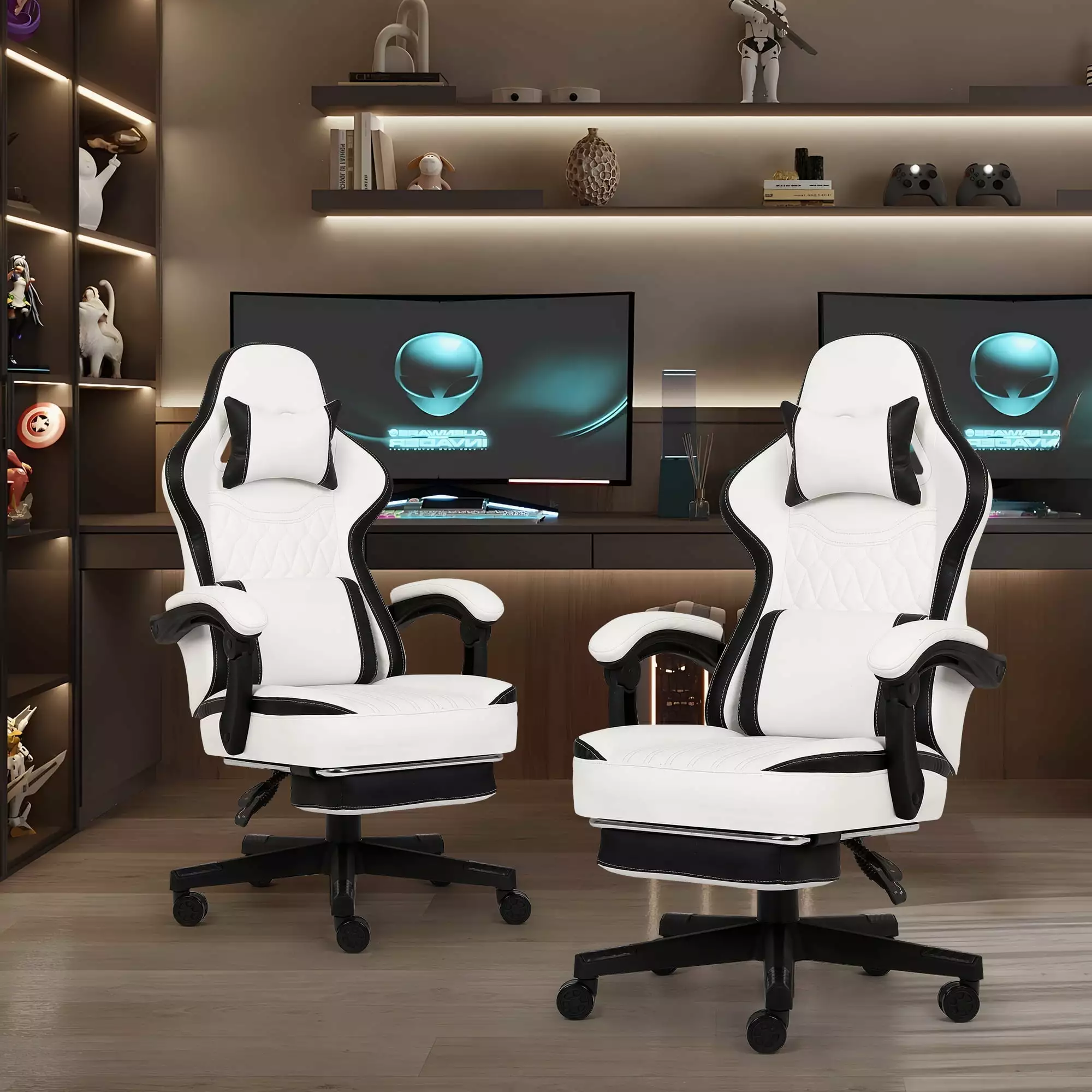 FAMOYI Office Chairs Footrest Set 2 Leather Adjustable Swivel Reclining Headrest Lumbar Support