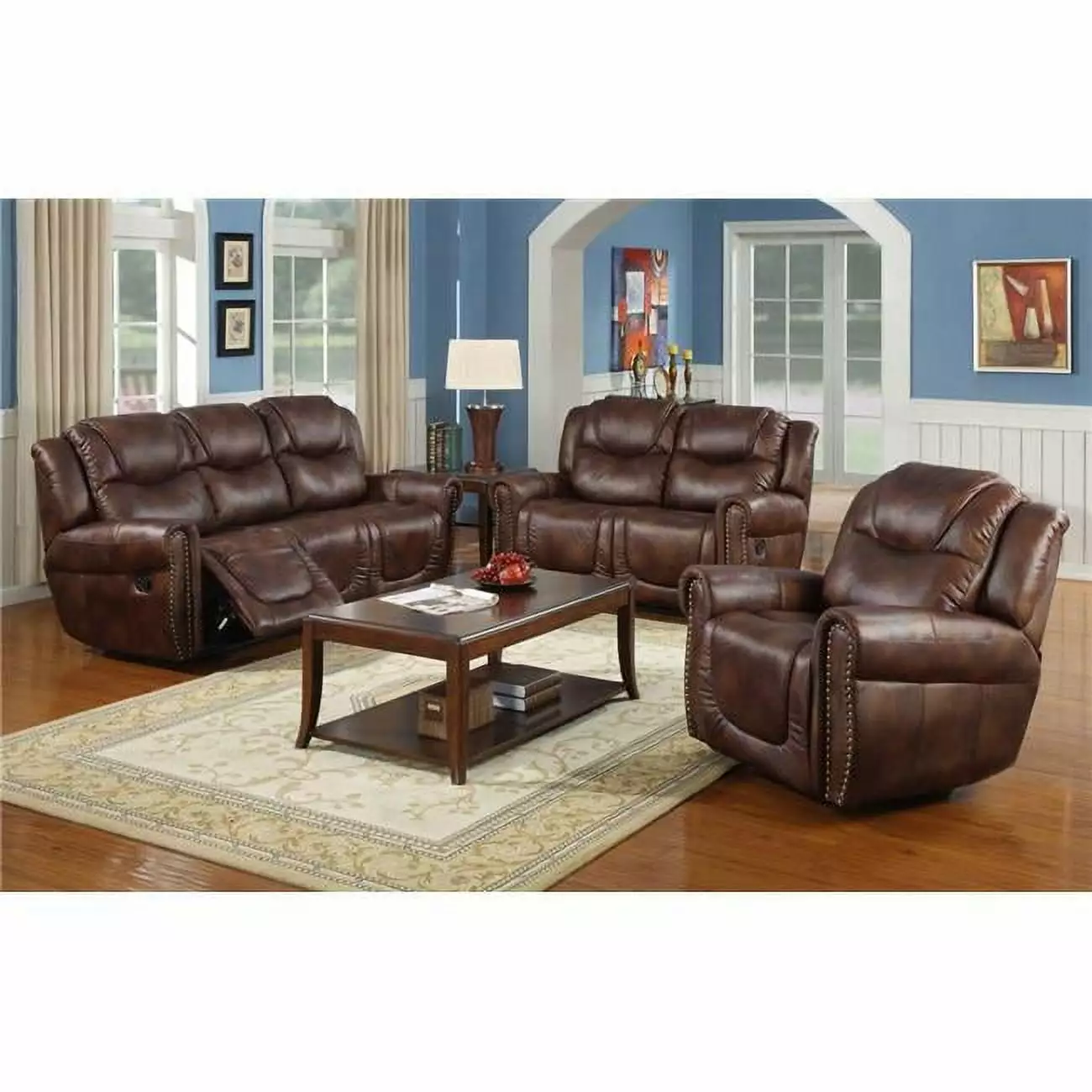 Lifestyle Furniture LSFGS3700 3 Piece Luxurious Reclining Living Room Sofa Set Bonded Leather Brown