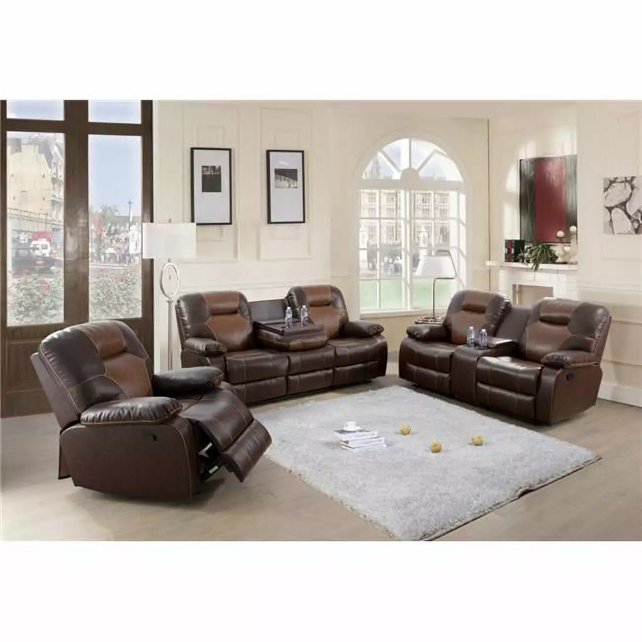 Lifestyle Furniture 3 Piece Luxurious Reclining Living Room Sofa Set Build- Drop Down Table Bonded Leather Brown