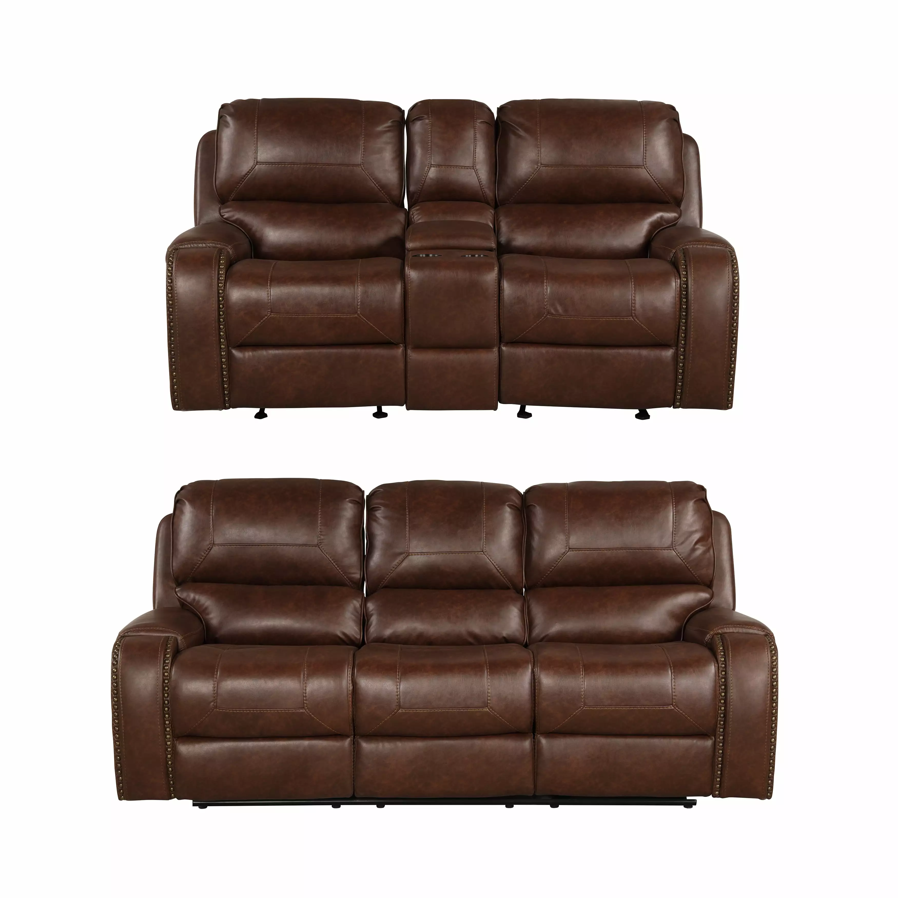 Roundhill Furniture Achern Brown Leather Reclining Sofa and Loveseat Storage Console and USB Port