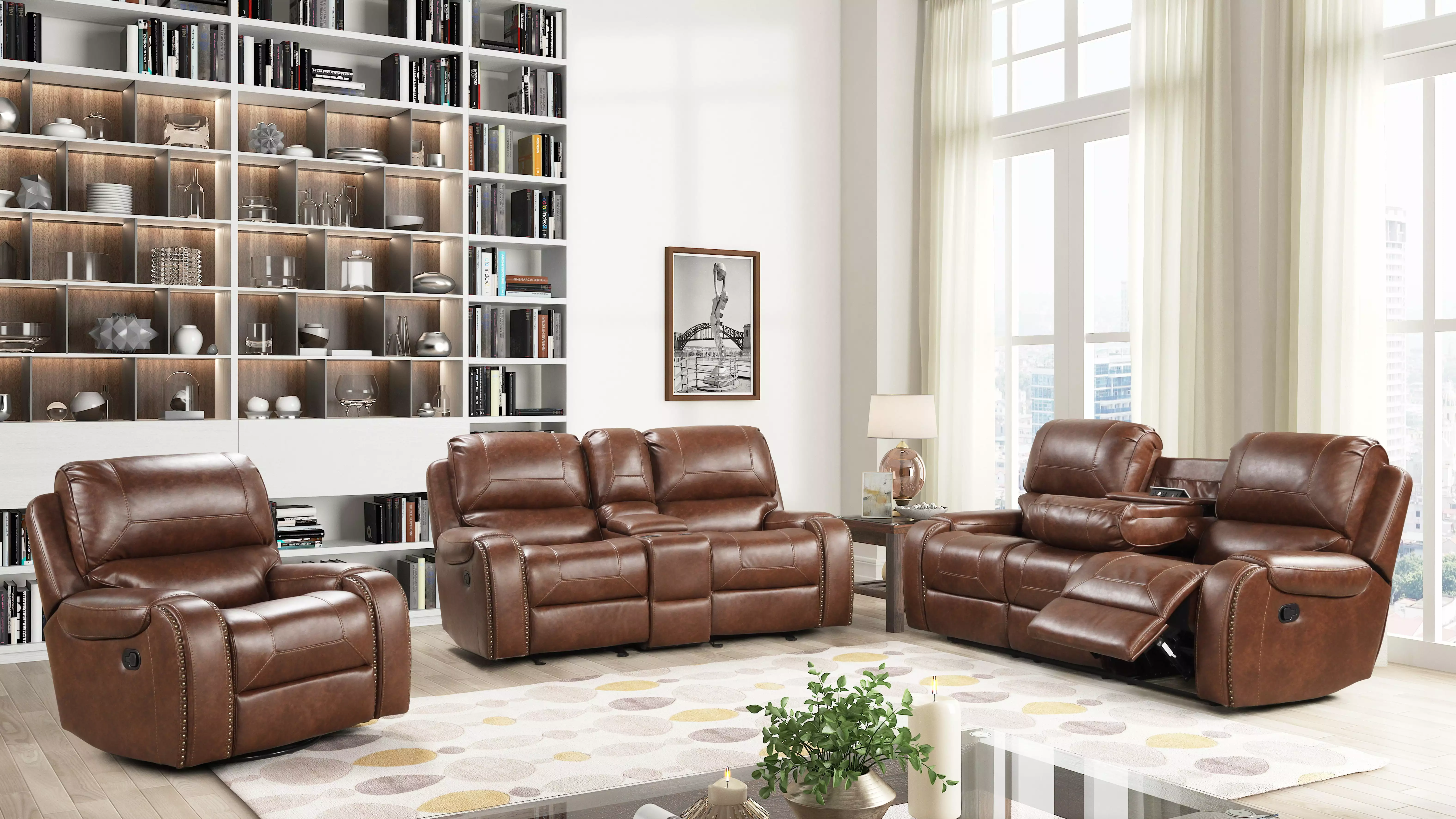 Roundhill Furniture Achern Brown Leather-Air Nailhead Manual Reclining 3-Piece Sofa Set - Stylish Living Room Set