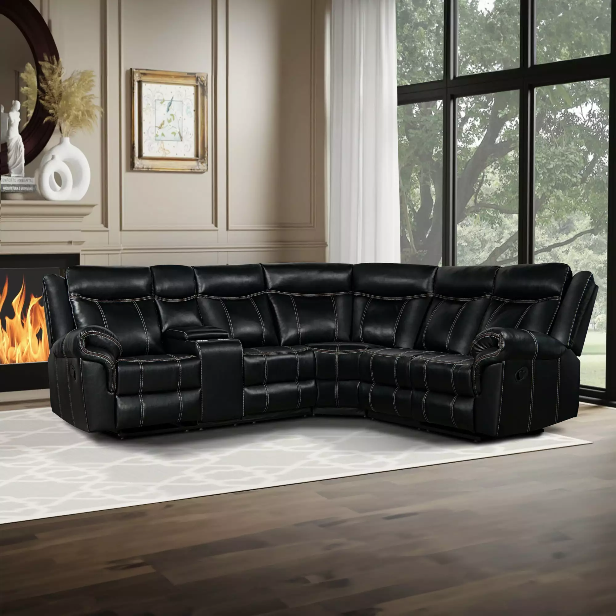 Home Theater Seating Manual Recliner Cup Holder, USB Ports, and Power Sockets - Black ANTFURN