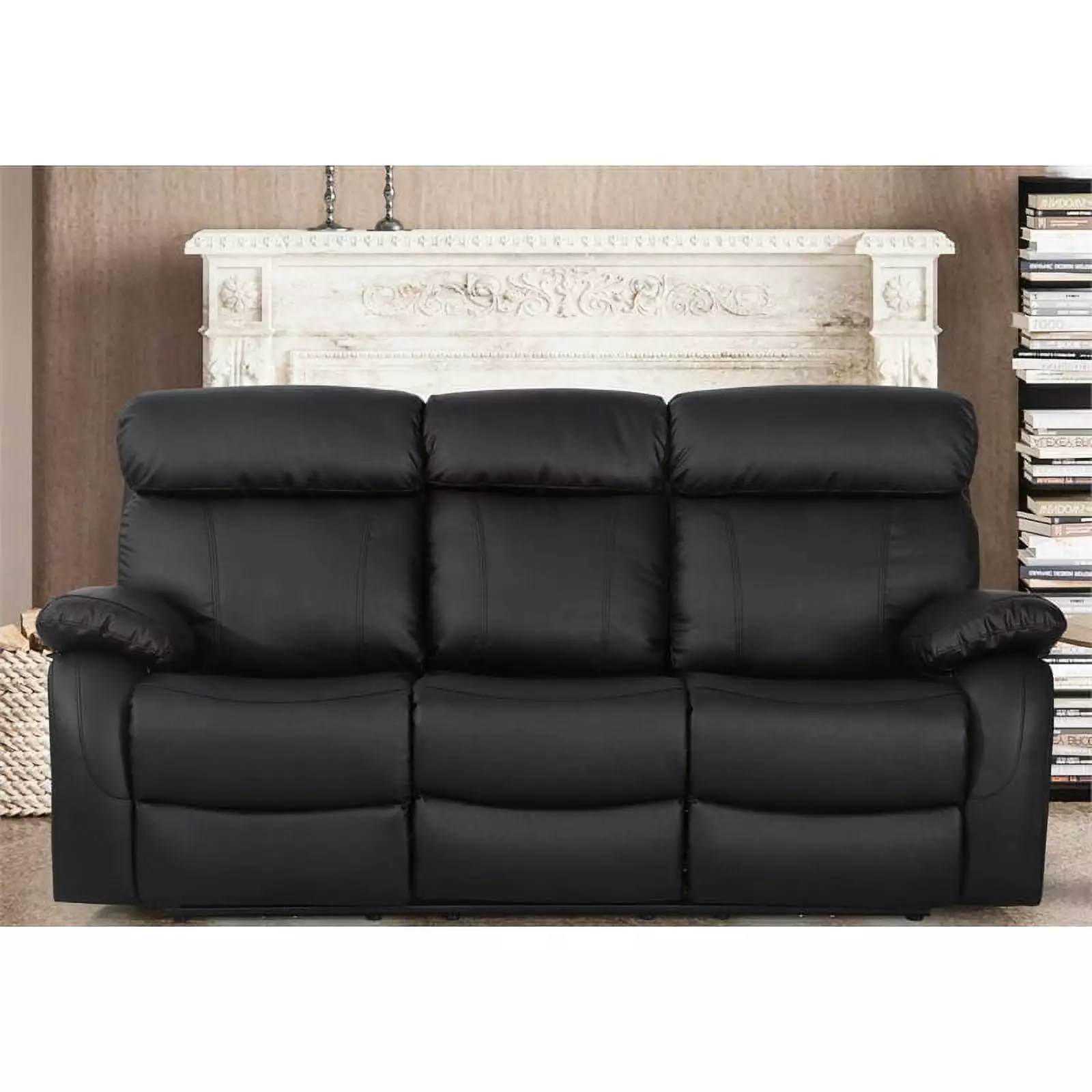 Alexent Black Leather 3-Seater Power Reclining Theater Sofa Cupholders