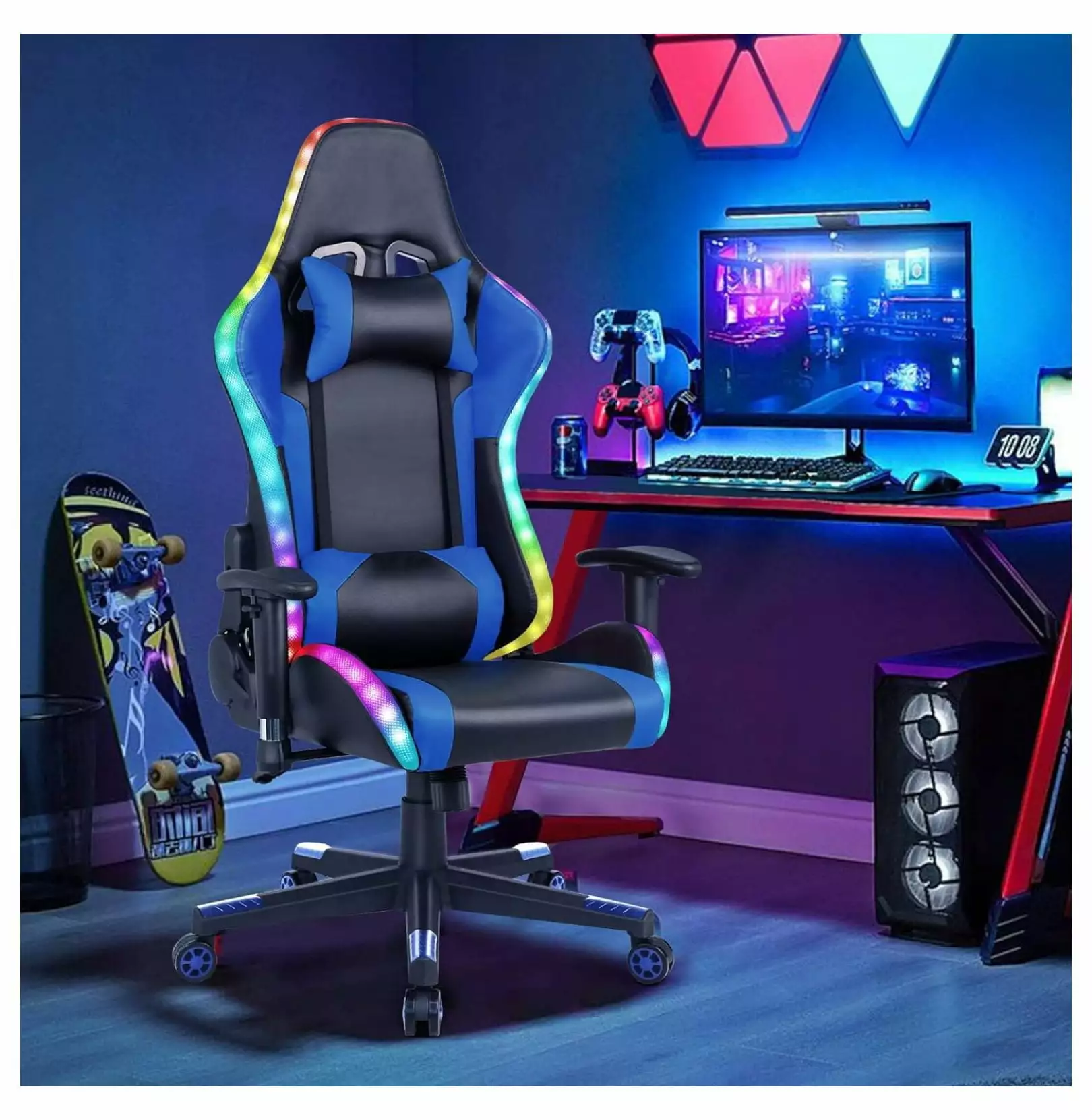 ZZYY Gaming Chair RGB LED Lights Speakers Ergonomic Racing Office Chair PU Leather Recliner Blue