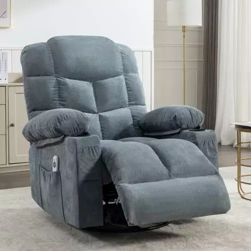 Massage Rocker Recliner Chair Oversized 2 Cup Holders USB Charge Port Manual Massage and Heat Blue ANHUITAGS