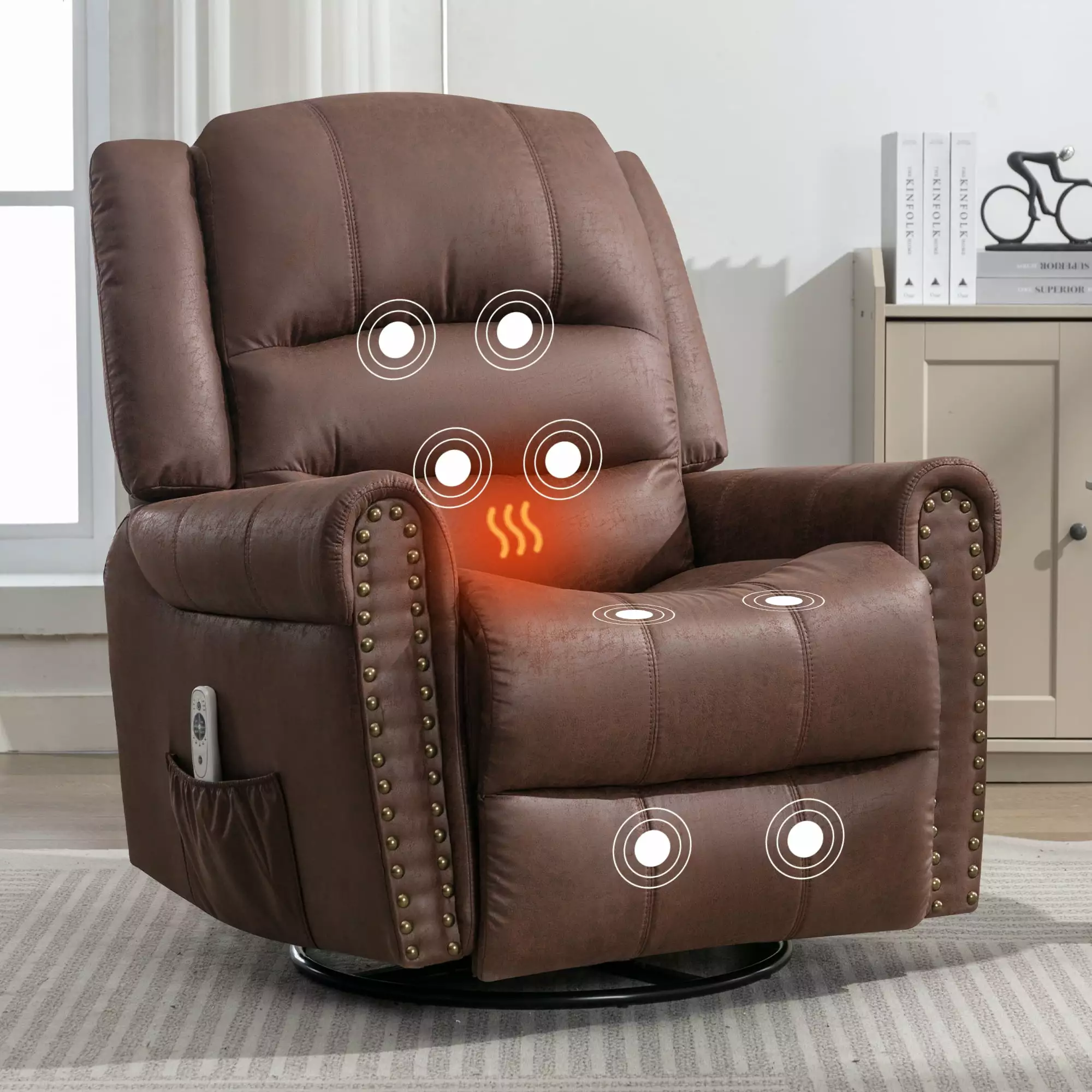 Homiyad Massage Rocker Recliner Chair Oversized USB Charge Port Manual Massage and Heat Brown