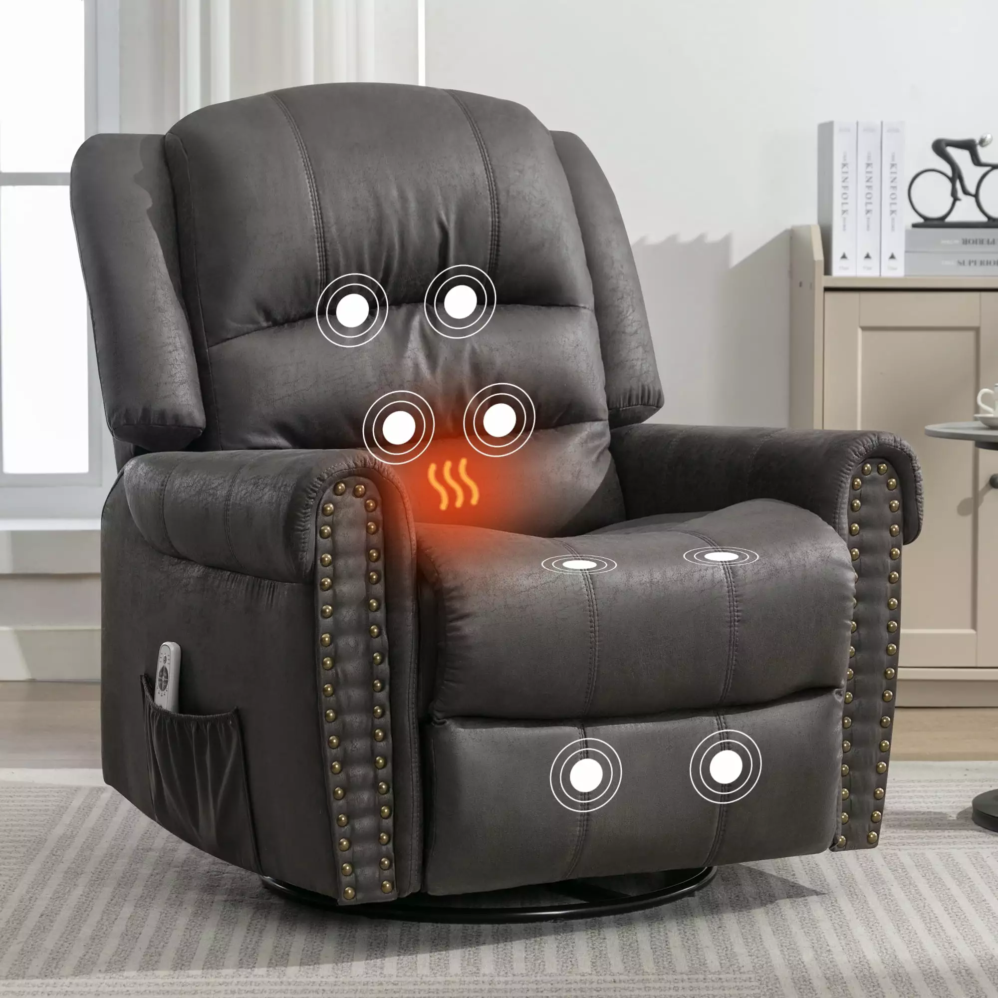 Homiyad Massage Rocker Recliner Chair Oversized USB Charge Port Manual Massage and Heat Grey